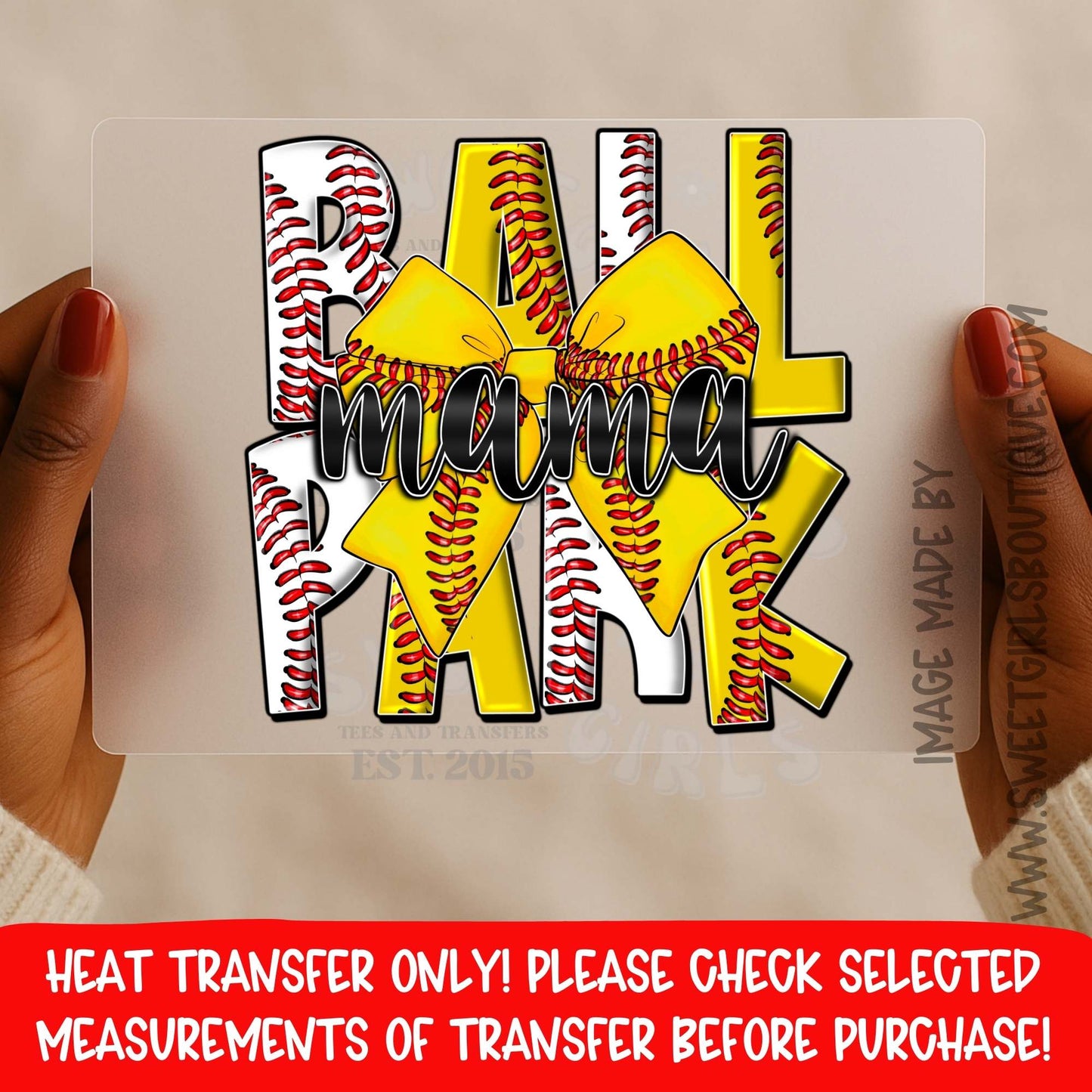 Ball Mama Baseball Softball Heat Transfer DTF Iron On Graphic Transfer – Sports Mom Bow Design Not a Shirt