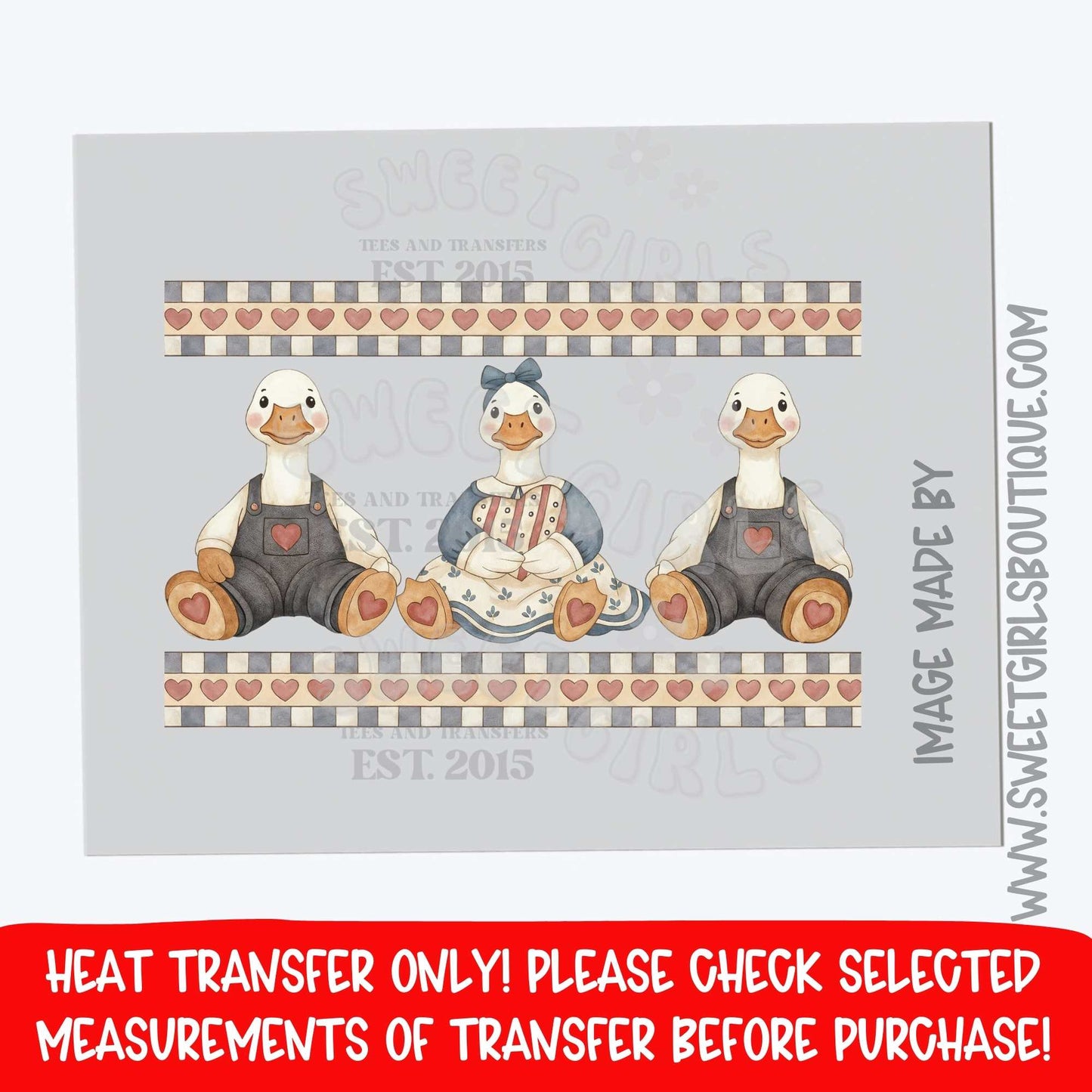 Three Geese Border Strip DTF heat transfer | Country Goose Valentine Checkered Hearts Printable Transfer