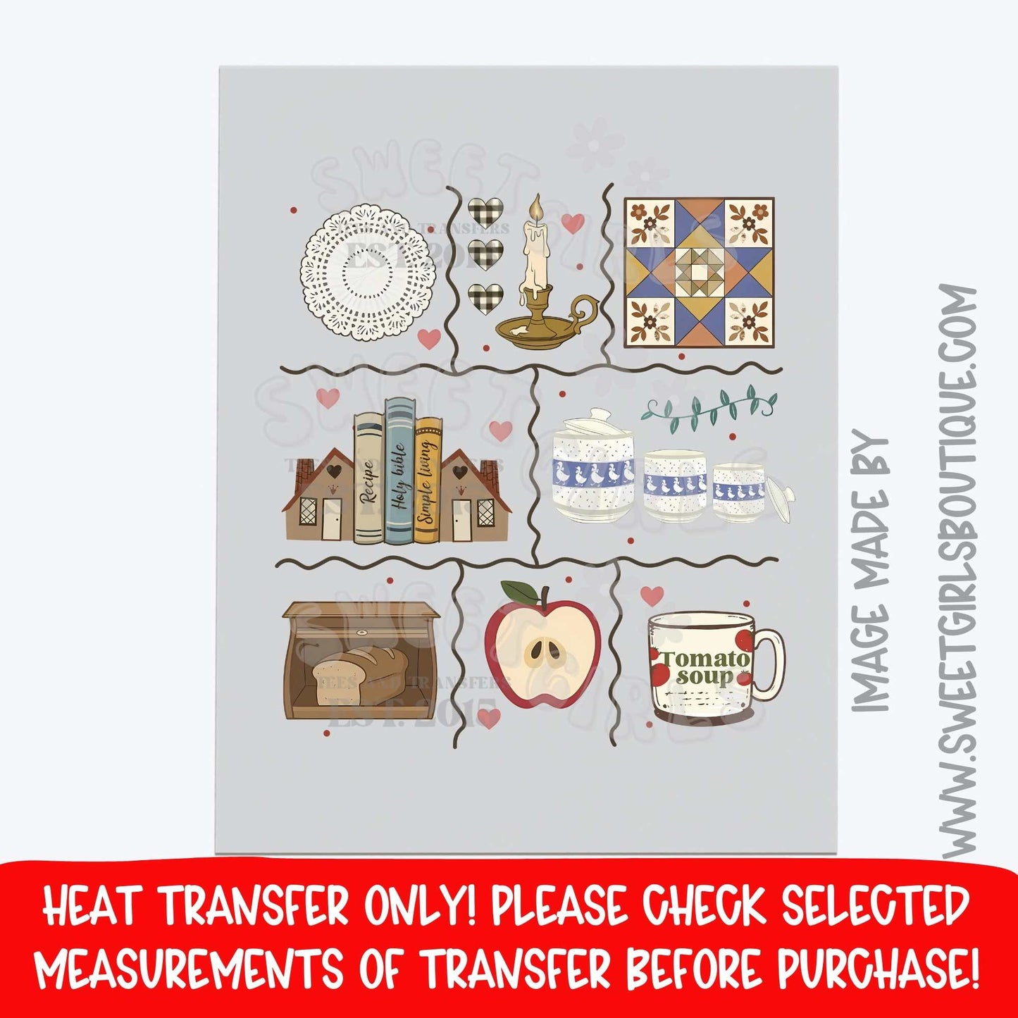 Simple Living Patchwork Icons DTF heat transfer | Primitive Farmhouse Kitchen Quilt Printable Transfer