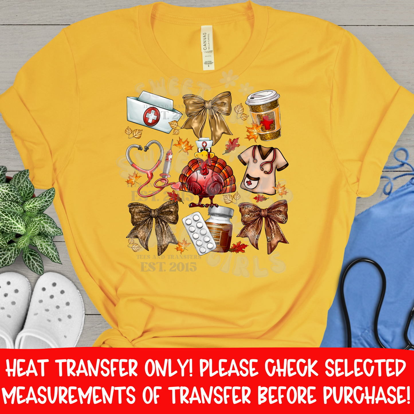 Thanksgiving Nurse Turkey Heat Transfer | Fall Medical Coffee Stethoscope Scrubs Bow DTF Ready To Press Cold Peel Iron On Applique for DIY Shirts