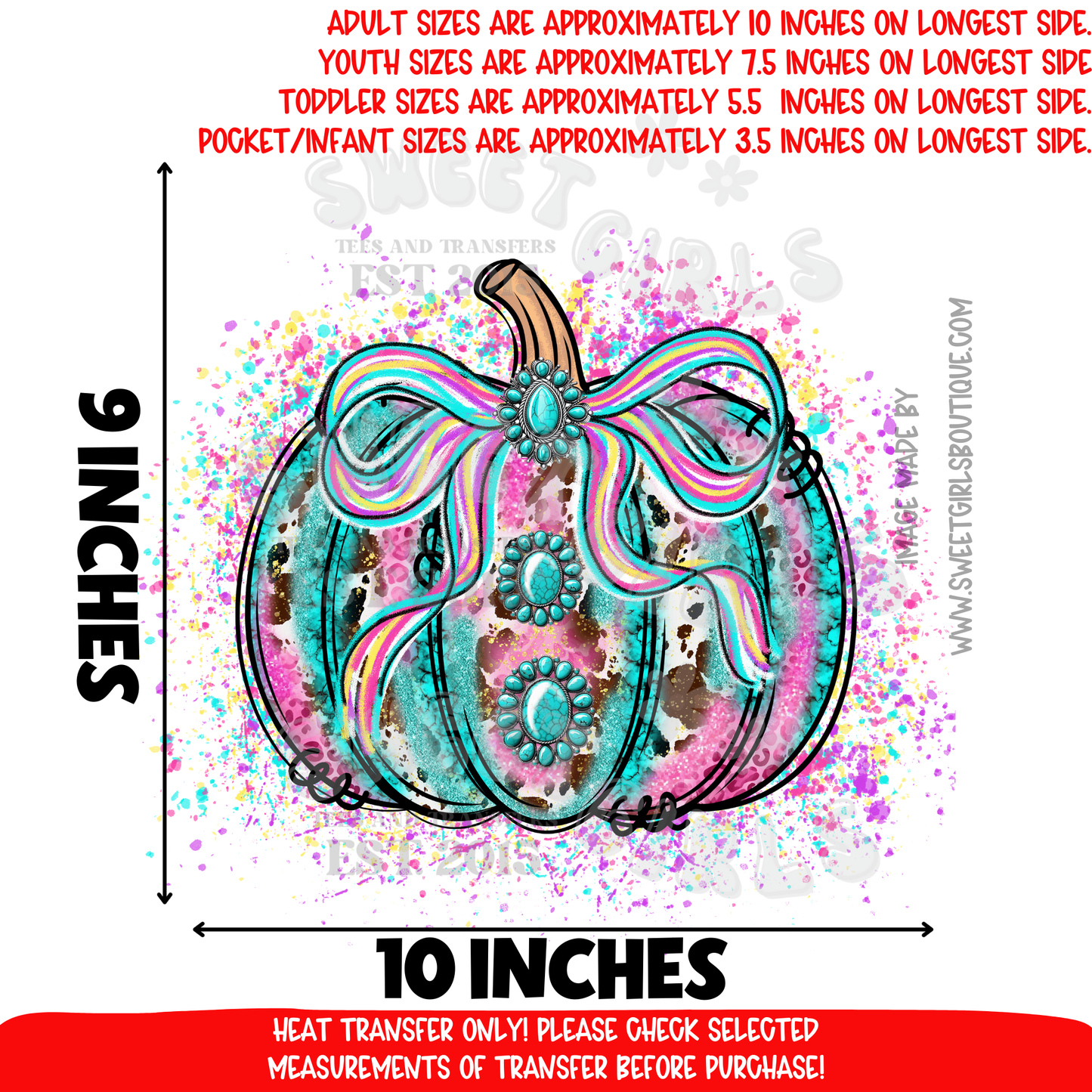 Turquoise Bow Pumpkin DTF heat transfer iron-on appliqué • western turquoise concho • fall Halloween rustic cowgirl tee design