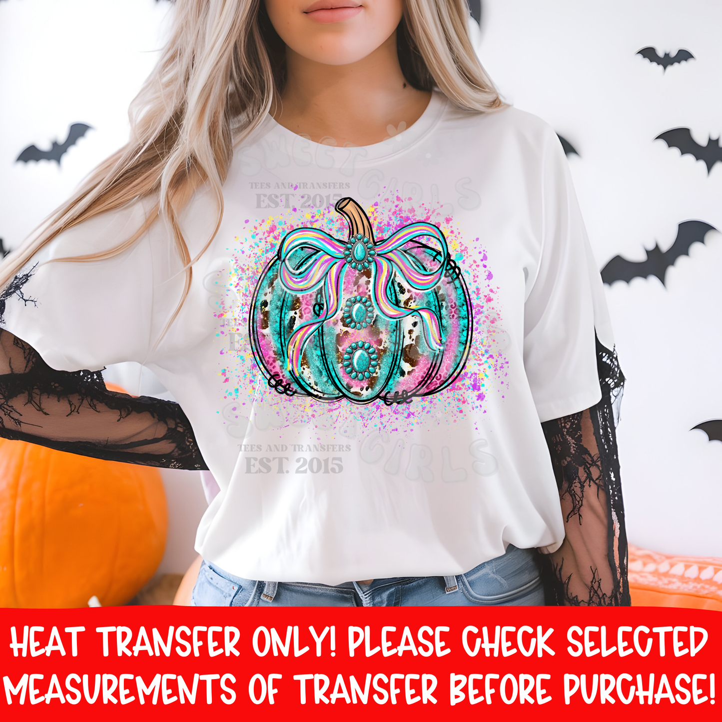 Turquoise Bow Pumpkin DTF heat transfer iron-on appliqué • western turquoise concho • fall Halloween rustic cowgirl tee design