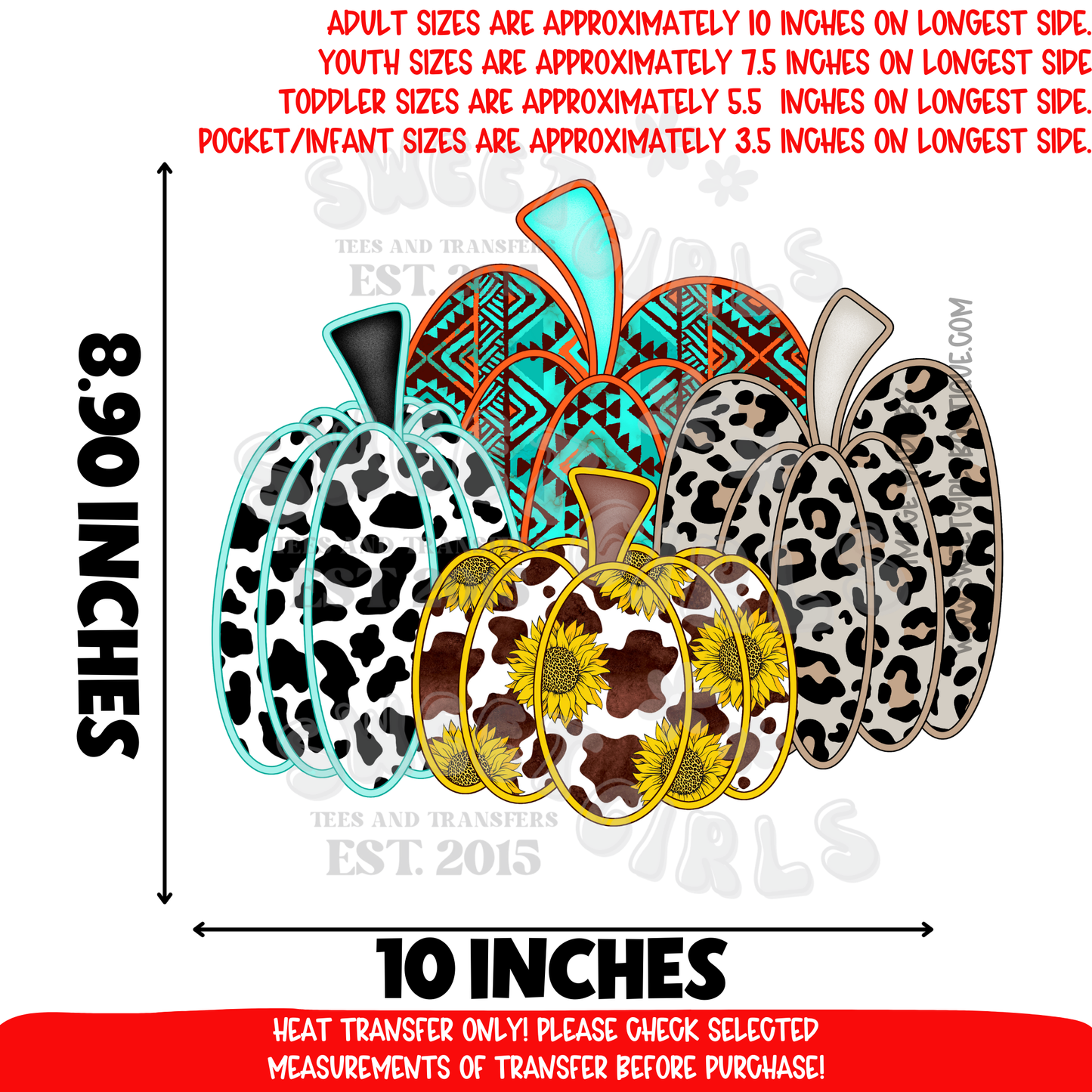 Aztec Cowhide Pumpkins DTF heat transfer iron-on appliqué • turquoise western sunflower • fall rustic cowgirl tee print
