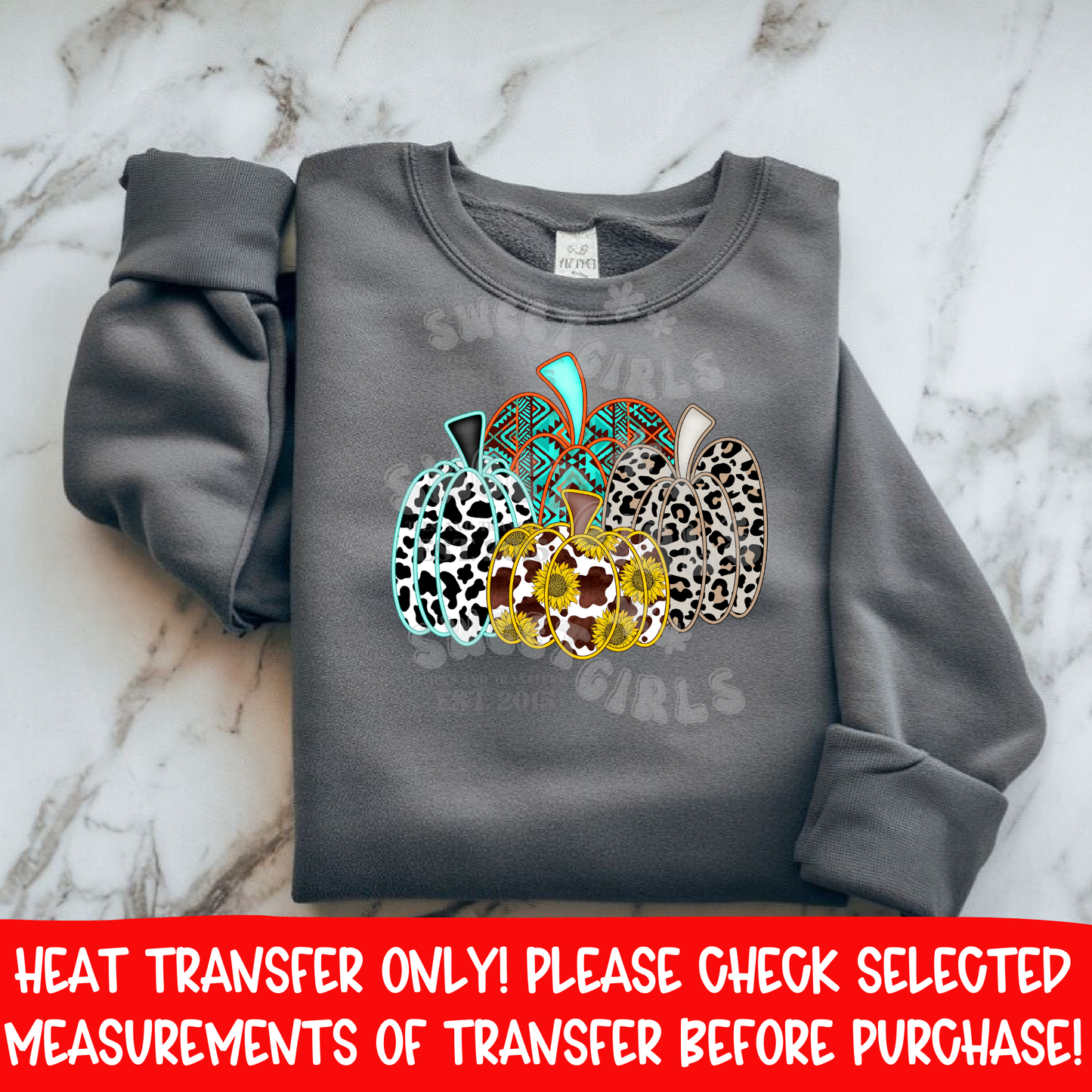 Aztec Cowhide Pumpkins DTF heat transfer iron-on appliqué • turquoise western sunflower • fall rustic cowgirl tee print