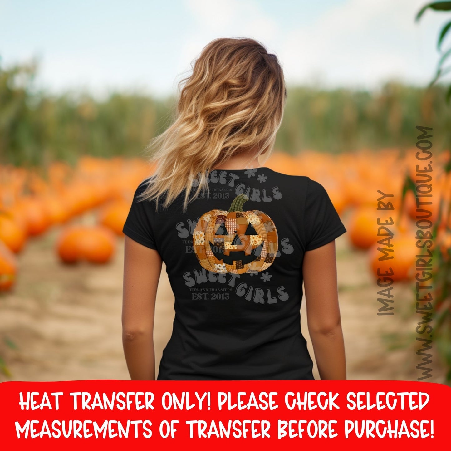 Patchwork Pumpkin DTF Heat Transfer | Fall Halloween Jack O Lantern Shirt Iron On | Quilt Style Pumpkin Face | Ready To Press Cold Peel Transfer | Vintage Autumn Craft Design