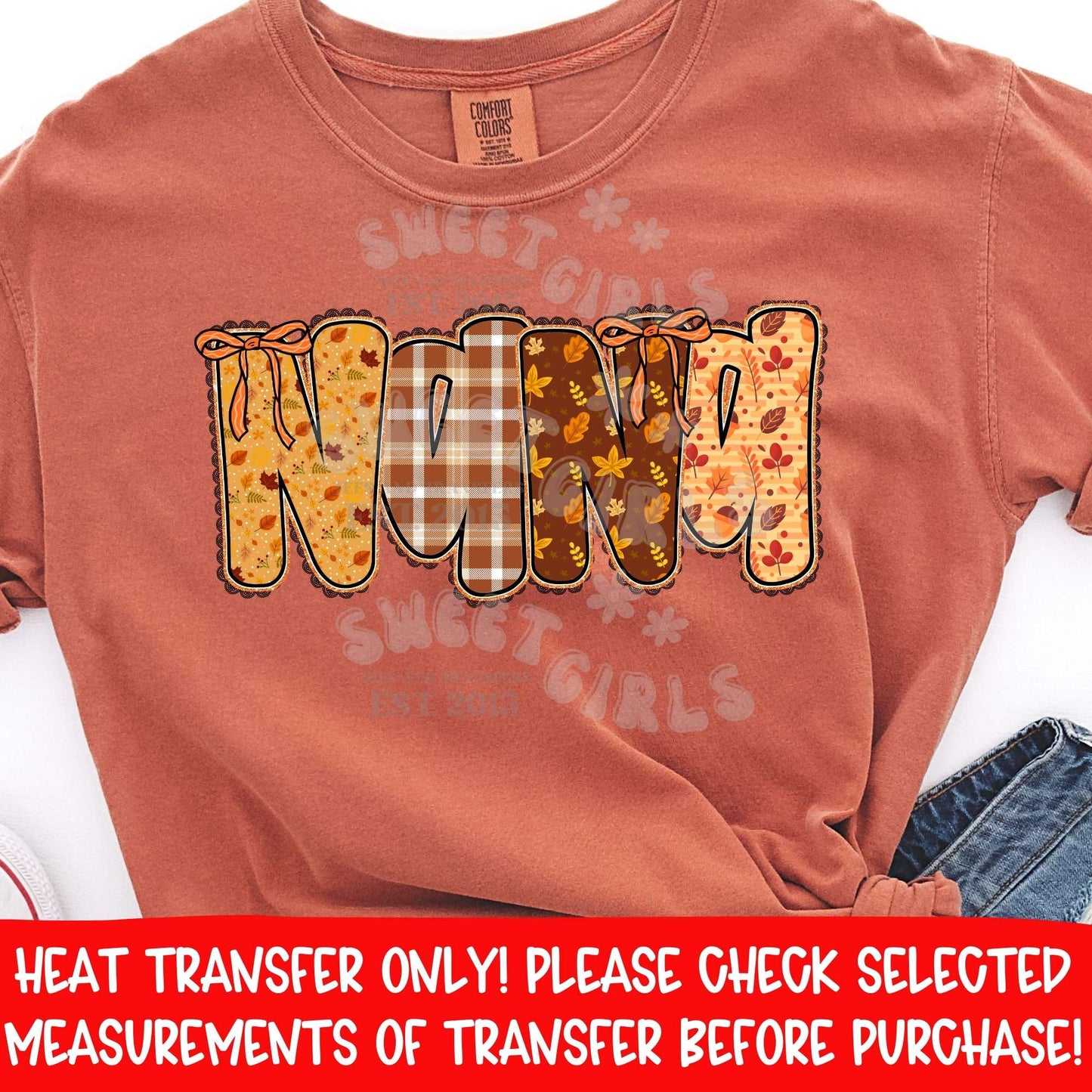 Fall Nana DTF Heat Transfer Iron On | Autumn Plaid Pumpkin Leaves Print | Thanksgiving Nana Shirt Design Craft