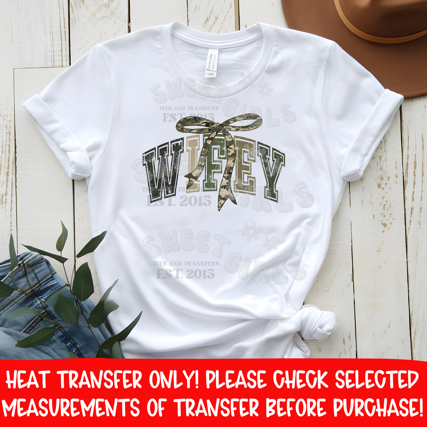Wifey Camo Bow DTF Heat Transfer Iron On | Varsity Letters Military Bow Shirt