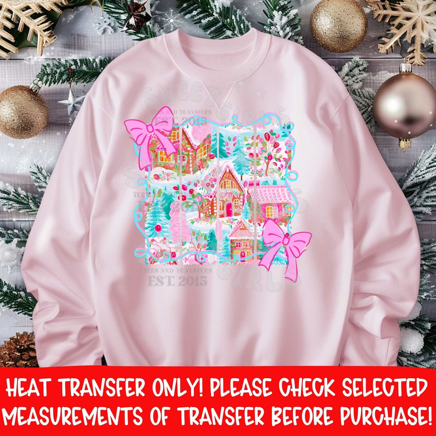 Pink Gingerbread Village Coquette Bow DTF Heat Transfer | DTF Heat Transfer | Ready to Press Cold Peel Iron-On | DIY Shirt Sweatshirt Hoodie | Printable Transfer