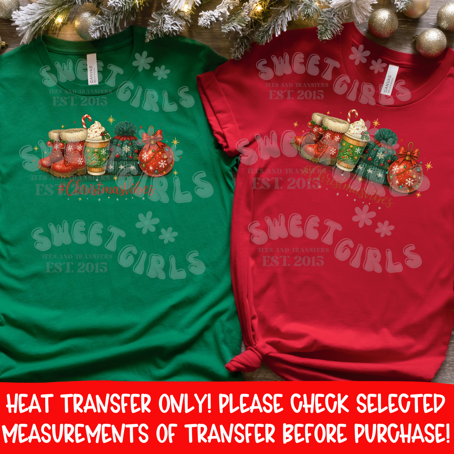 Christmas Vibes DTF heat transfer iron-on appliqué • holiday boots coffee ornament beanie • festive winter shirt design