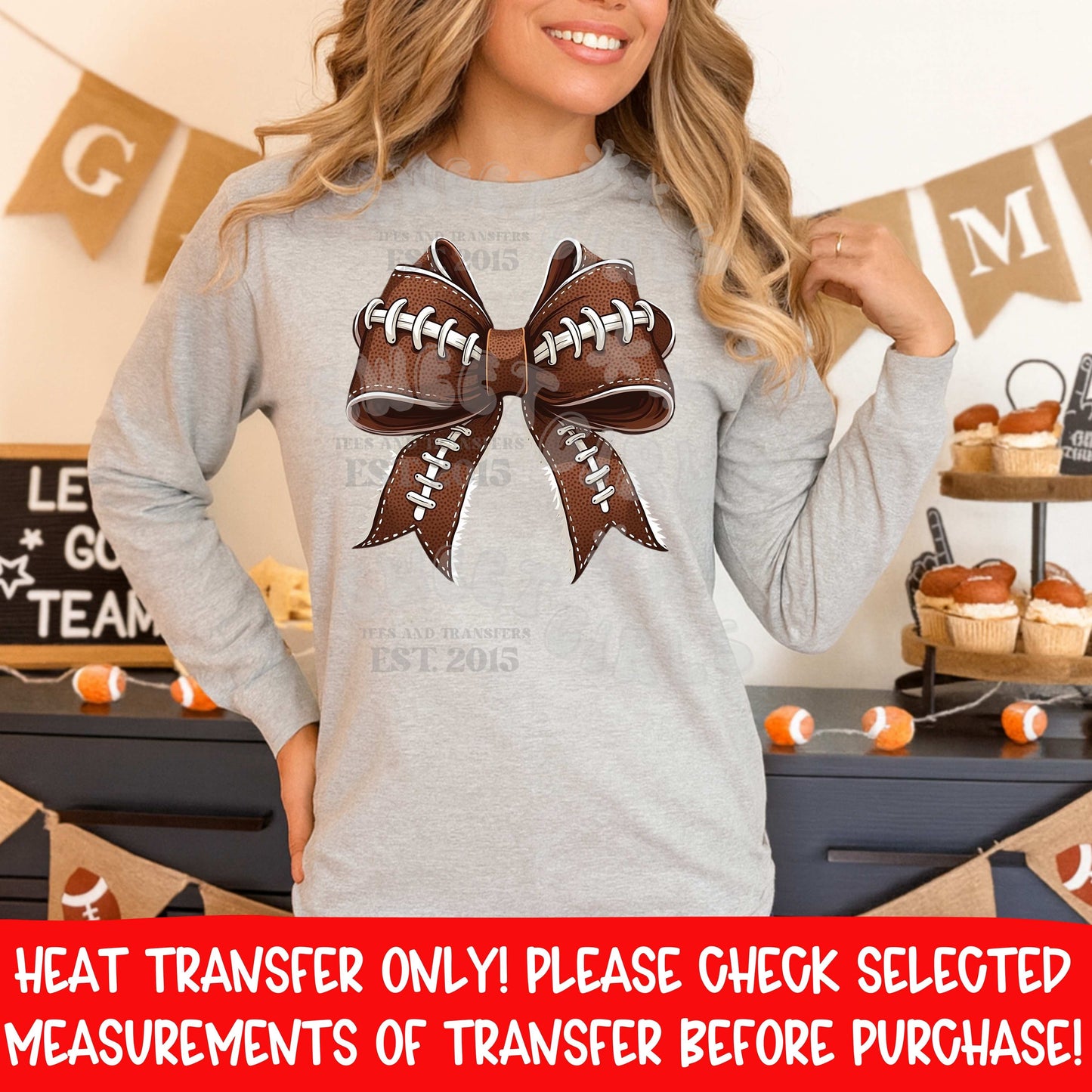 Football Bow DTF Heat Transfer | Game Day Cheer Spirit Bow Iron On | Sports Mom Tailgate Shirt Printable | DIY Trendy Football Tee