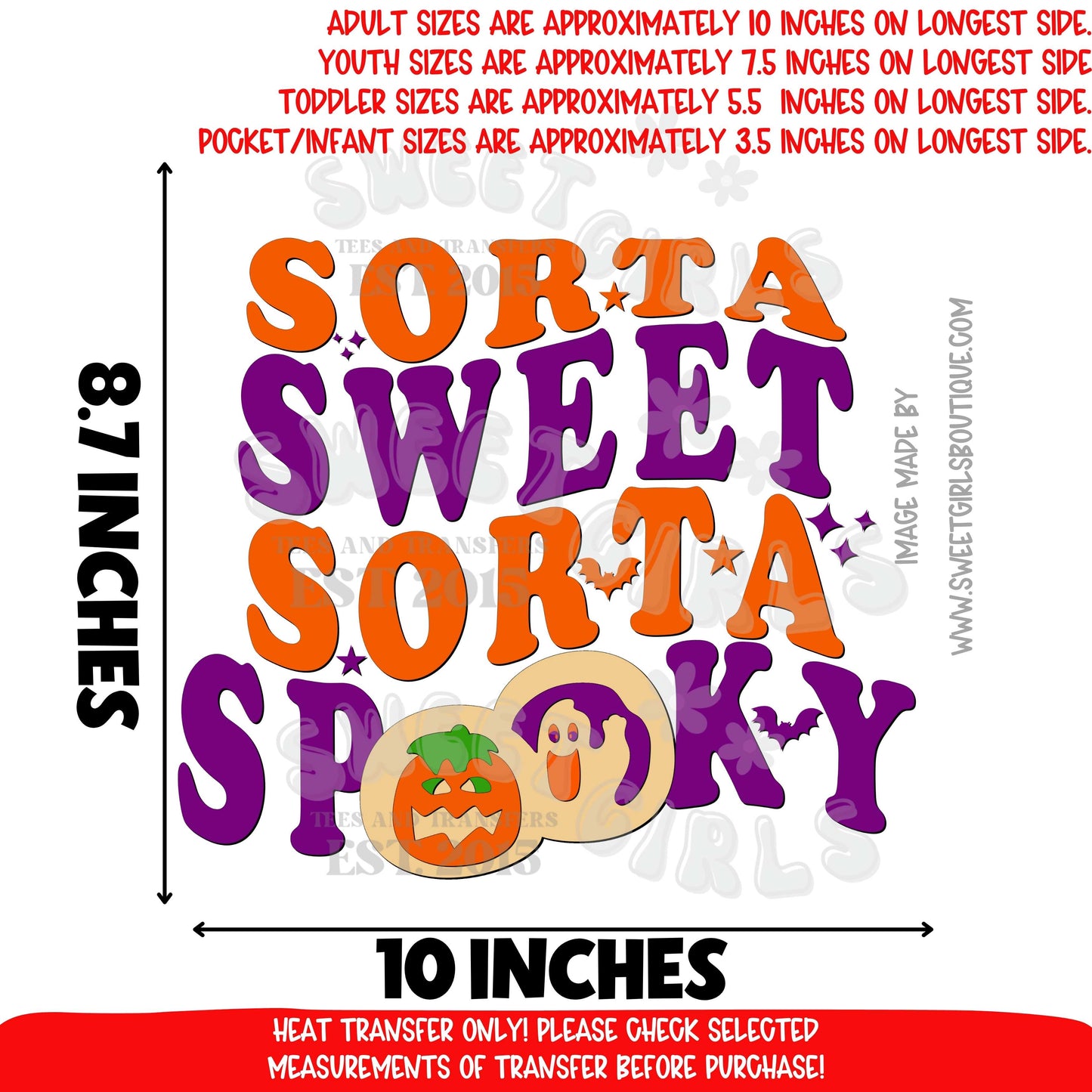 Sorta Sweet Sorta Spooky Halloween DTF heat transfer, playful pumpkin ghost bats purple orange fall iron on
