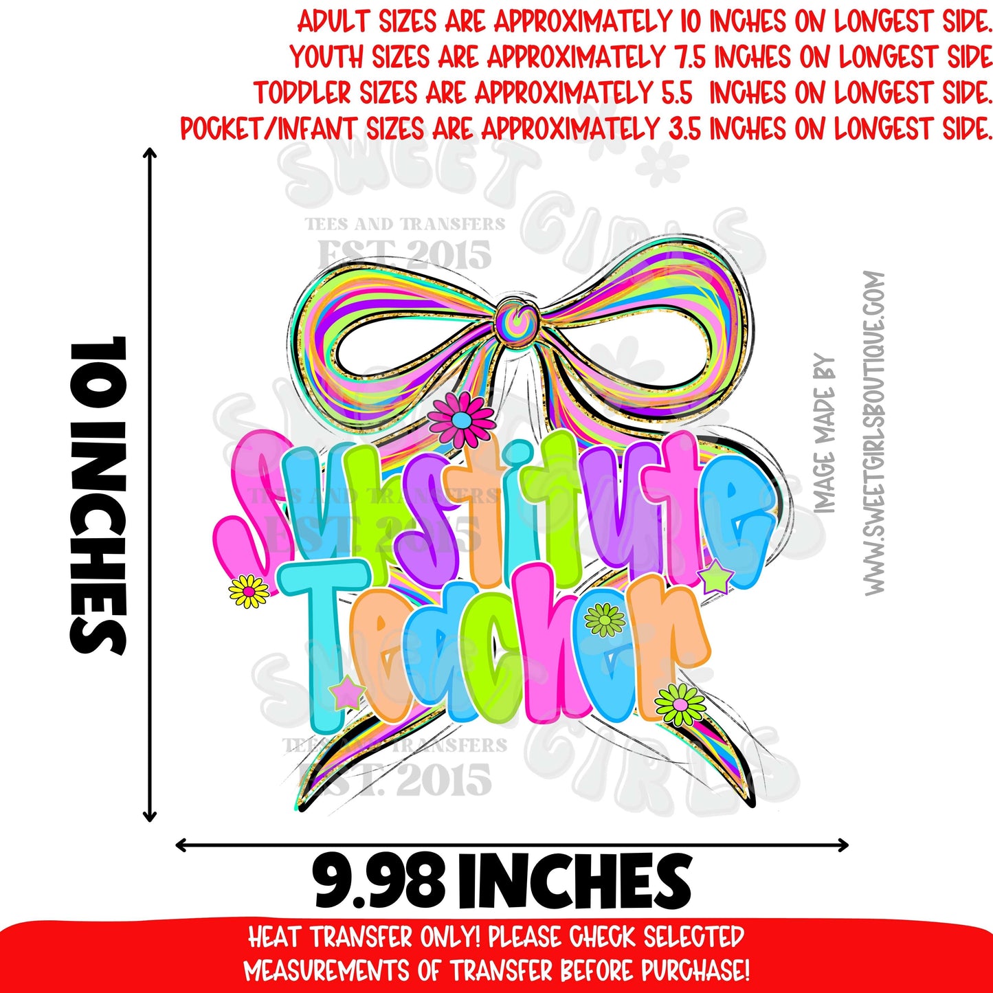 Substitute Teacher rainbow bow DTF heat transfer, colorful classroom letters back to school iron on