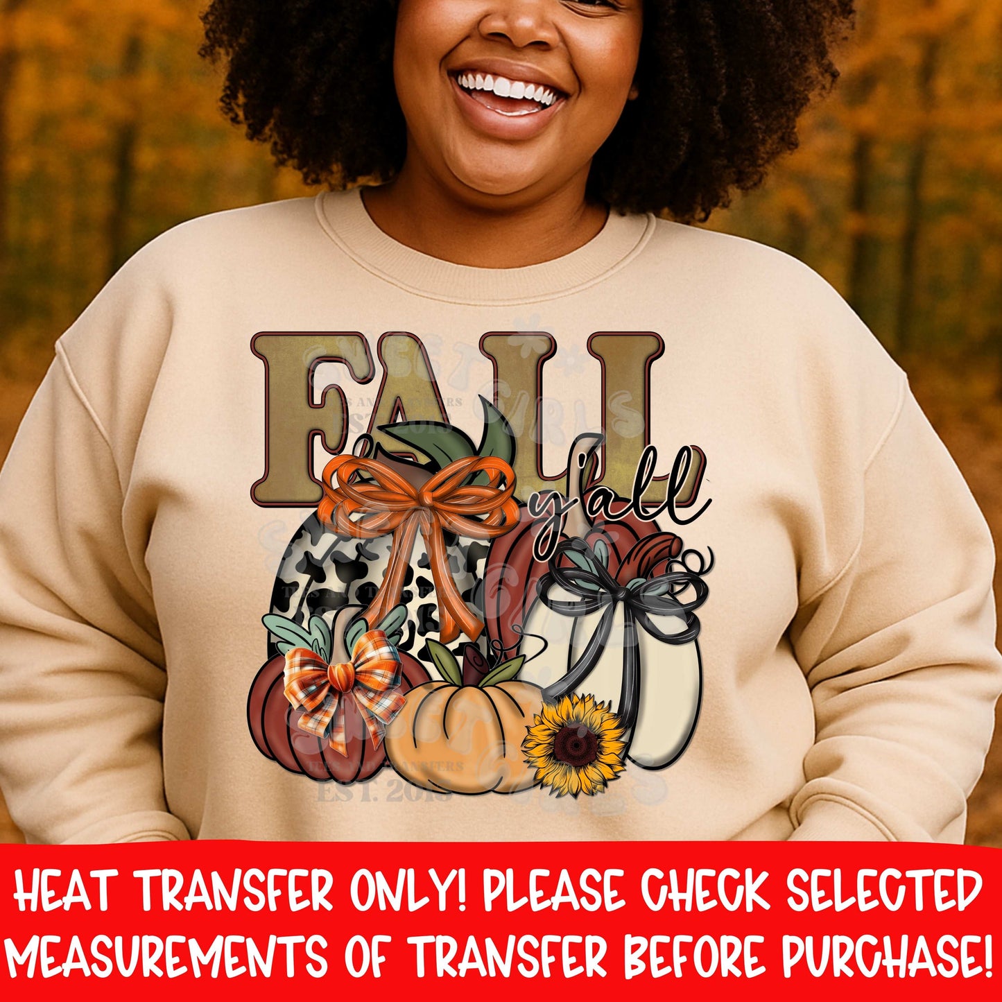 Fall Y’all pumpkins & bows DTF heat transfer, rustic farmhouse pumpkin stack with sunflower autumn iron on design