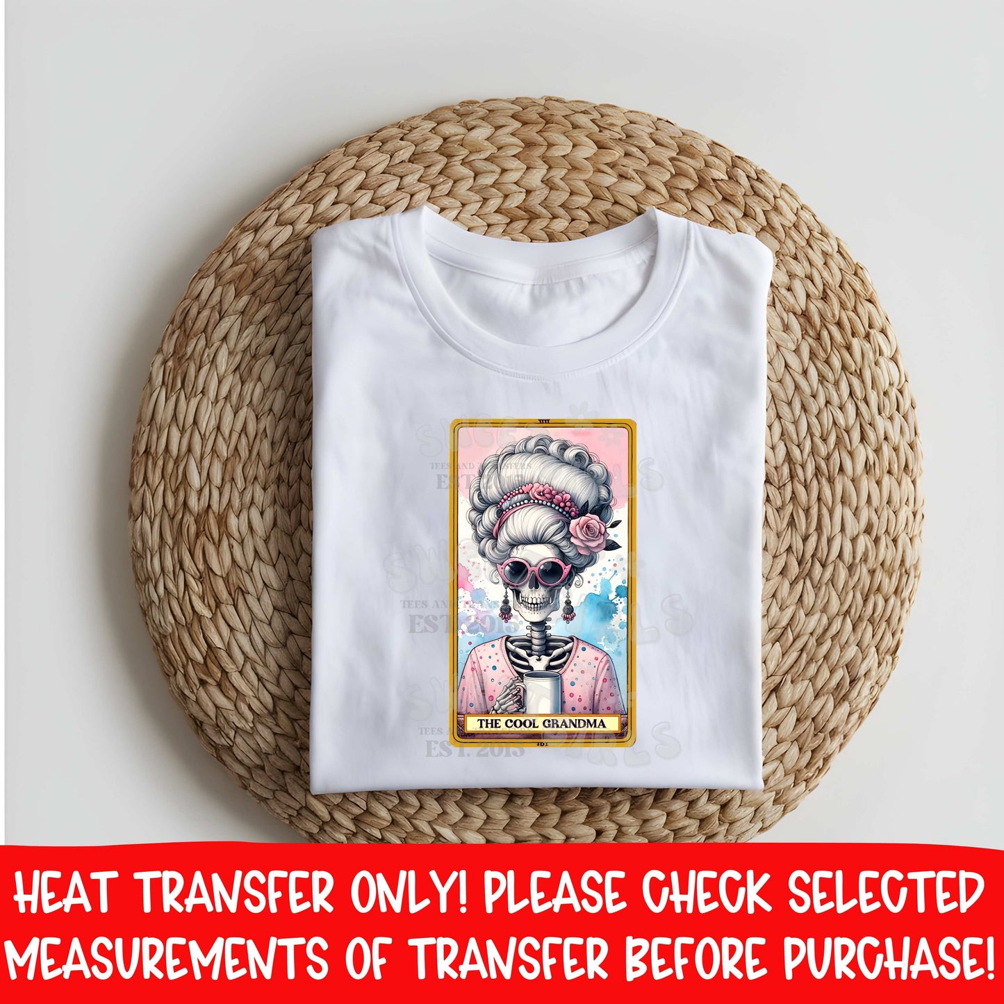 Cool Grandma skeleton tarot card DTF heat transfer, pastel frame stylish granny with coffee cup trendy nana Halloween iron on