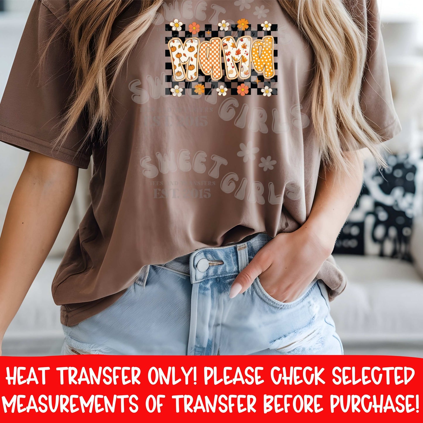 MAMA fall checkerboard floral DTF heat transfer, autumn pumpkins and daisies retro block letters iron on