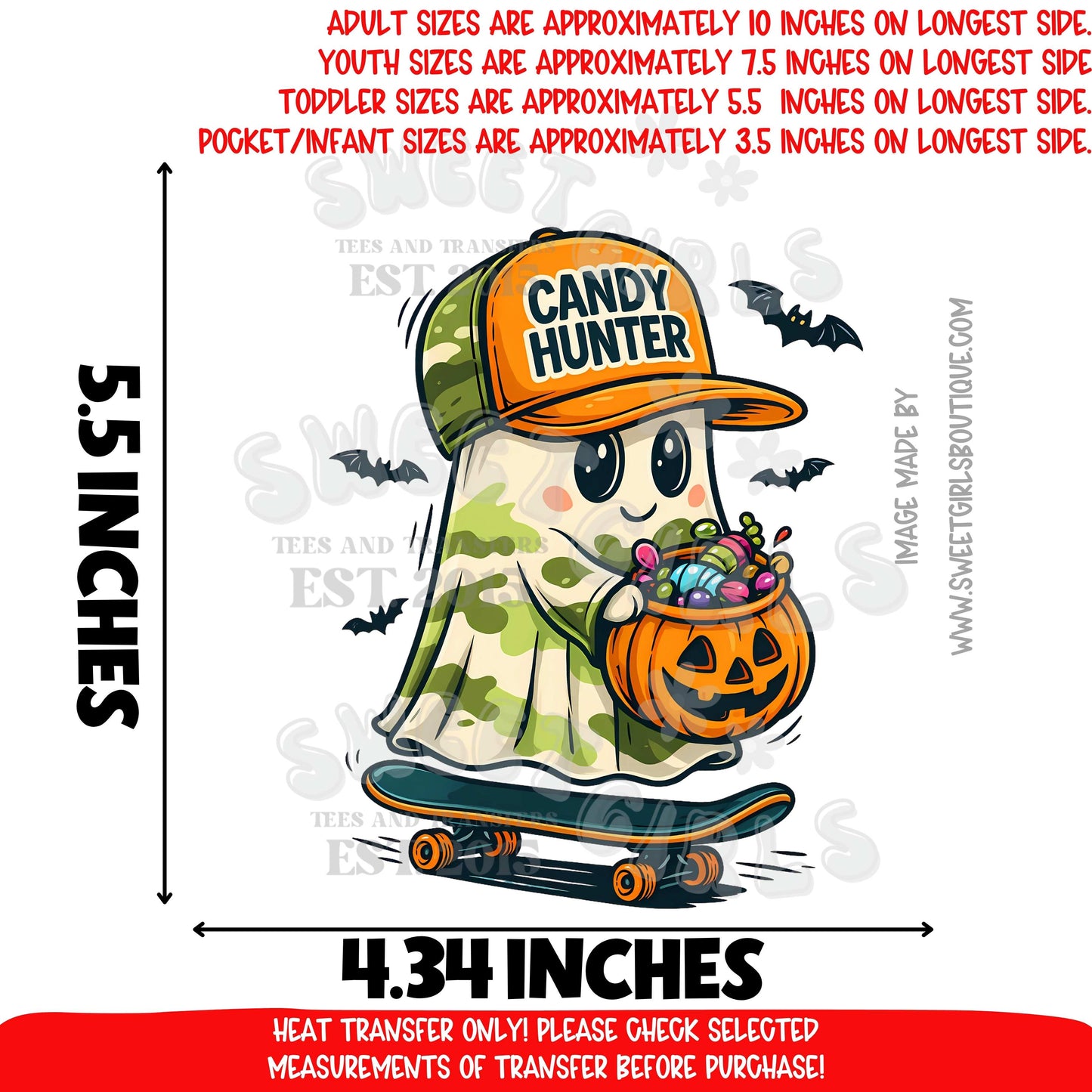 Candy Hunter Ghost Skateboard DTF heat transfer, spooky camo ghost with pumpkin candy bucket Halloween iron on for shirts