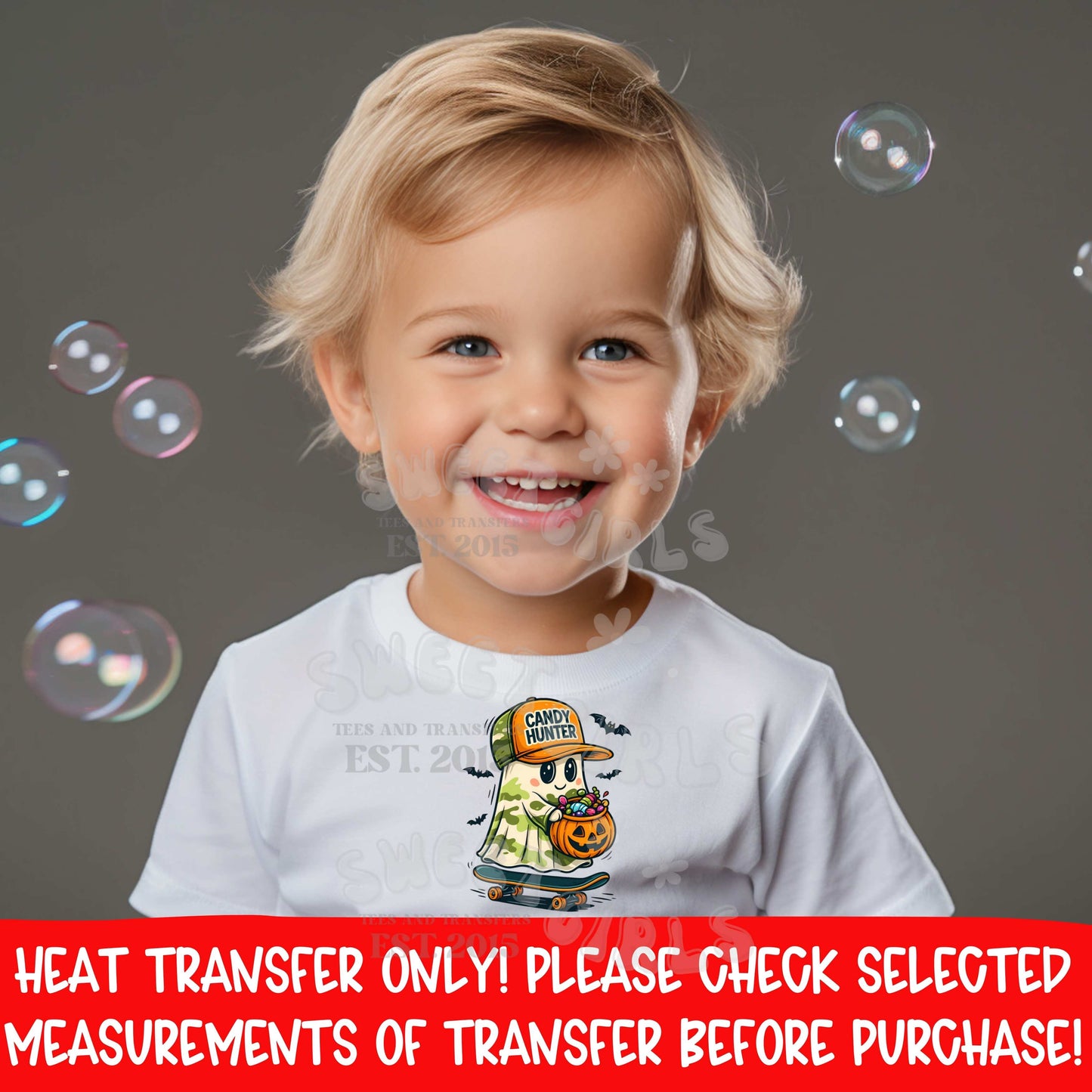 Candy Hunter Ghost Skateboard DTF heat transfer, spooky camo ghost with pumpkin candy bucket Halloween iron on for shirts