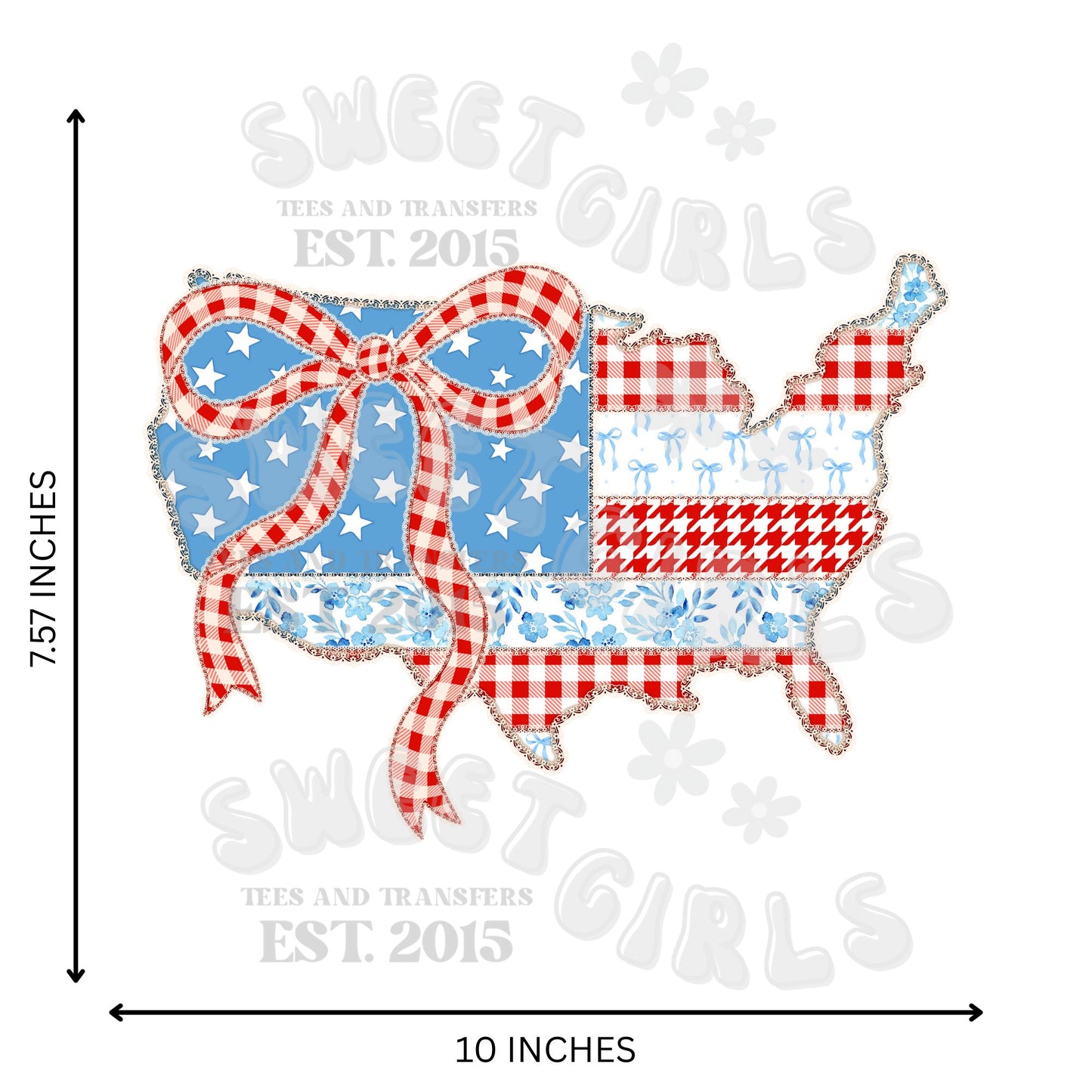 Patchwork USA Bow DTF Transfer – Red White Blue Gingham Iron-On – Patriotic July 4th Heat Transfer for Totes, Tees, Decor – Washable & Press Ready