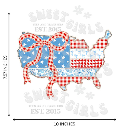 Patchwork USA Bow DTF Transfer – Red White Blue Gingham Iron-On – Patriotic July 4th Heat Transfer for Totes, Tees, Decor – Washable & Press Ready