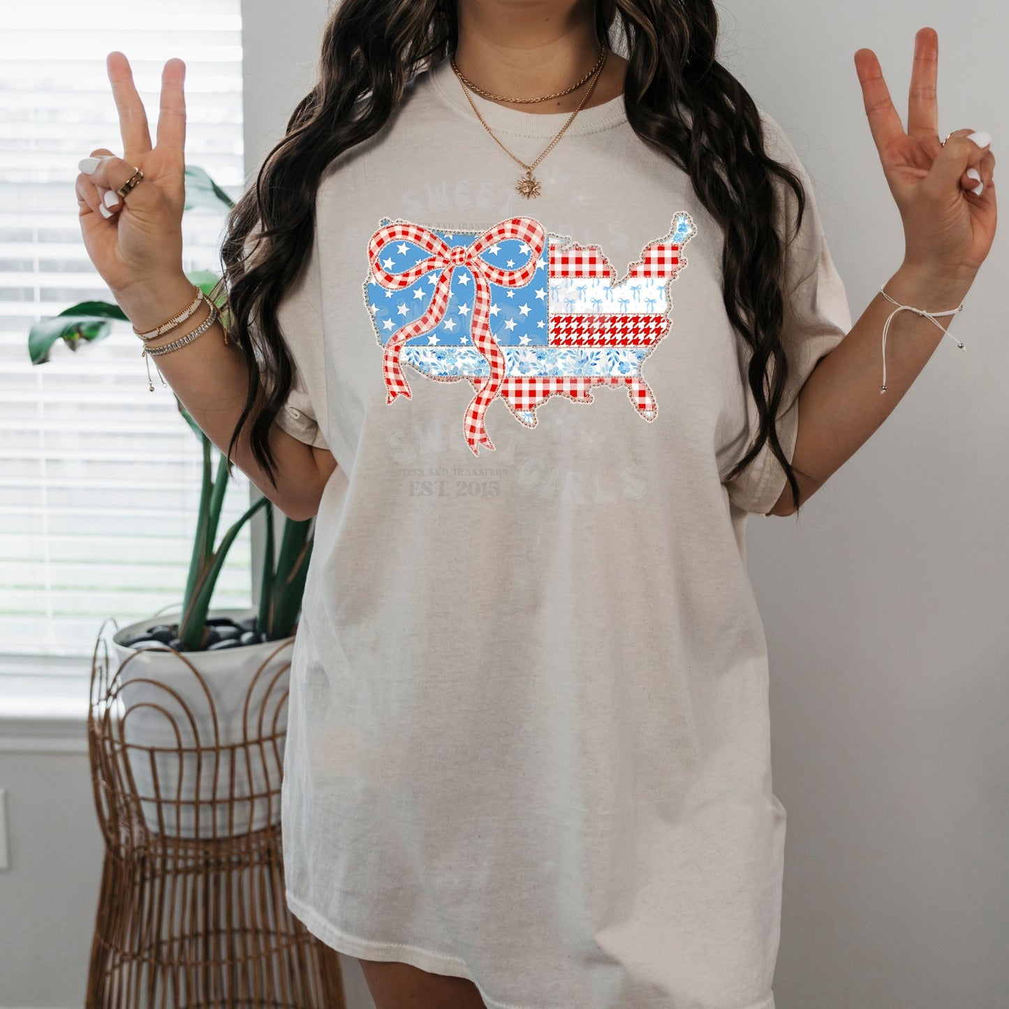 Patchwork USA Bow DTF Transfer – Red White Blue Gingham Iron-On – Patriotic July 4th Heat Transfer for Totes, Tees, Decor – Washable & Press Ready