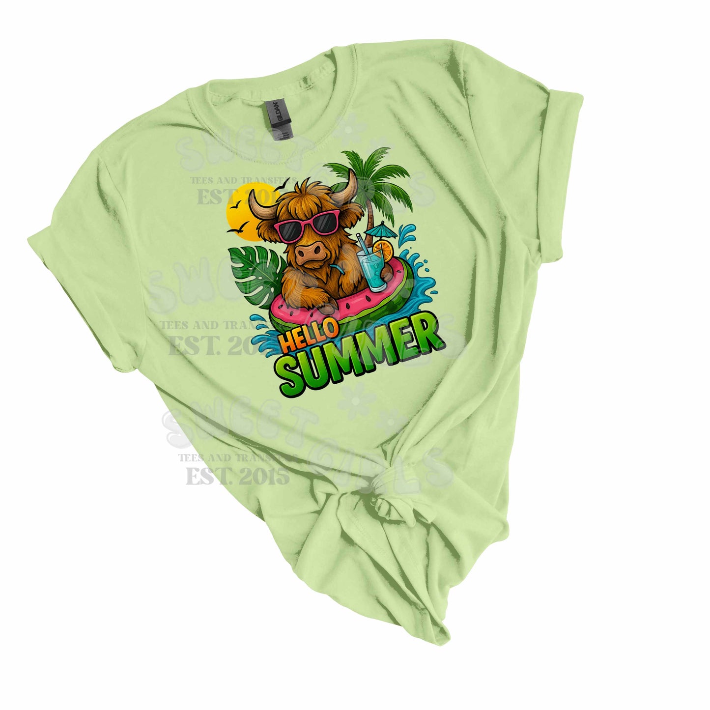 Hello Summer Highland Cow DTF Transfer – Cute Funny Heat Transfer Iron-On Sticker for T-Shirts, Bags | Watermelon & Pool Vibes
