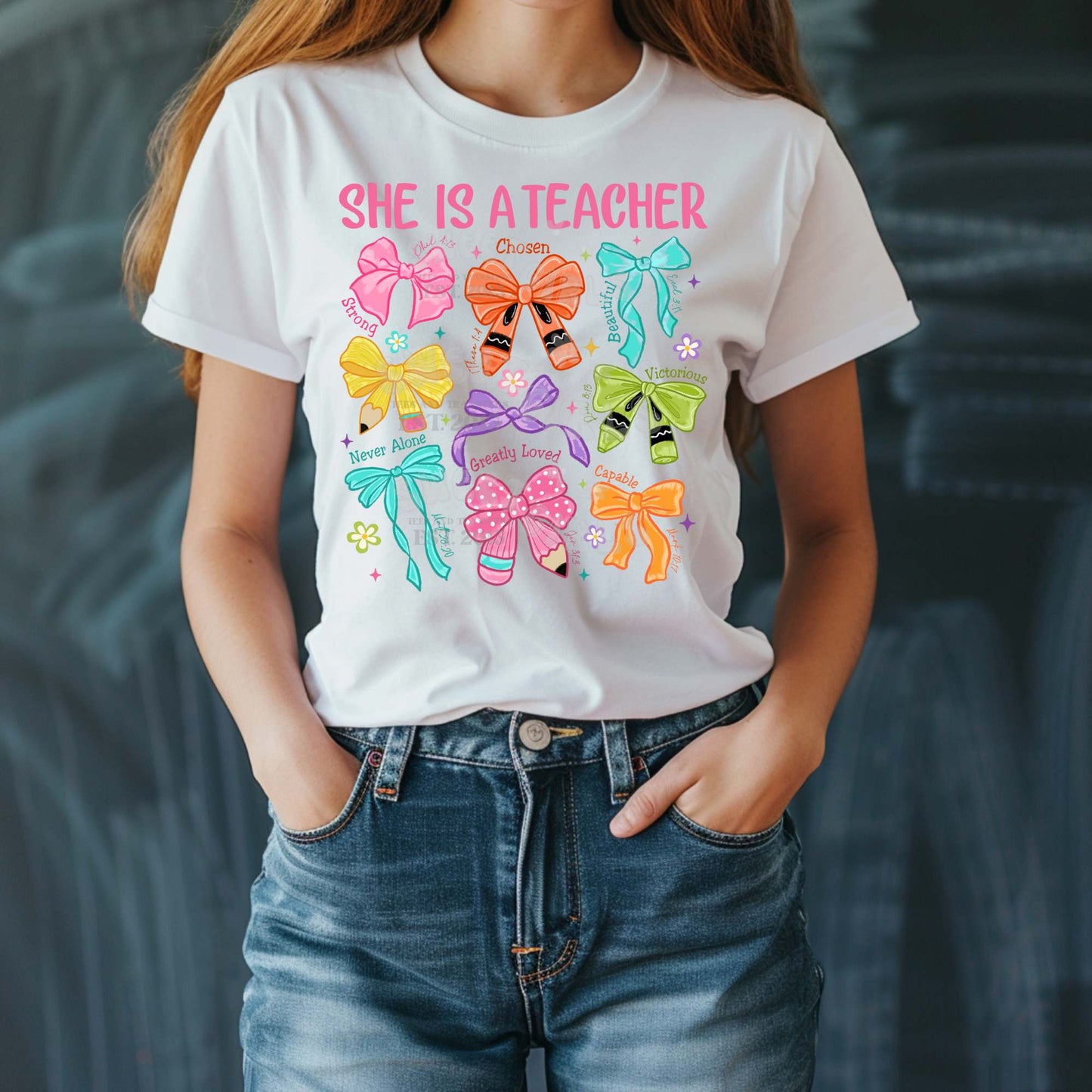 She is a Teacher Scripture Pencil Bow DTF Transfer – Christian Teacher HEAT TRANSFER – Direct to Film Iron-On for T-Shirts, Backpacks, Decor – Bible Verse Print, Washable, Press Ready