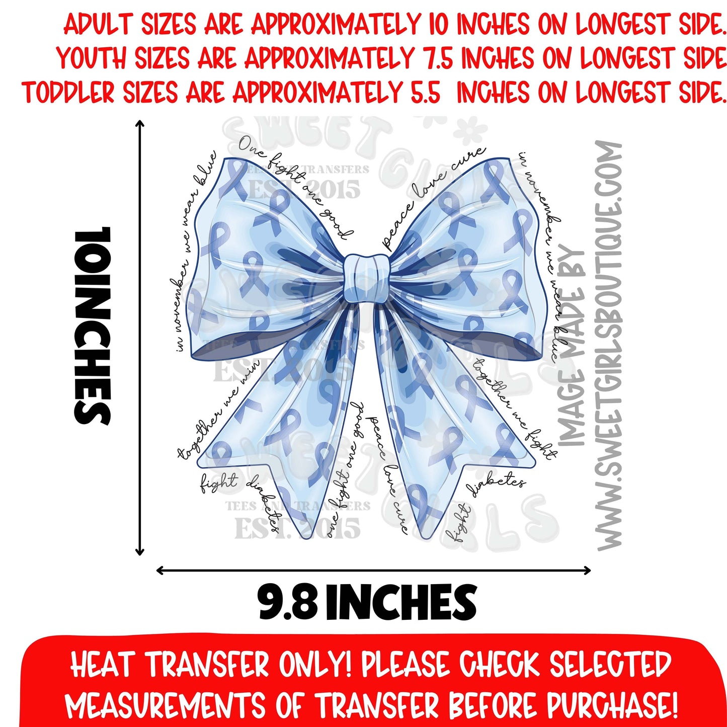 November Wear Blue Diabetes Awareness Bow DTF Heat Transfer | Blue Ribbon Iron On