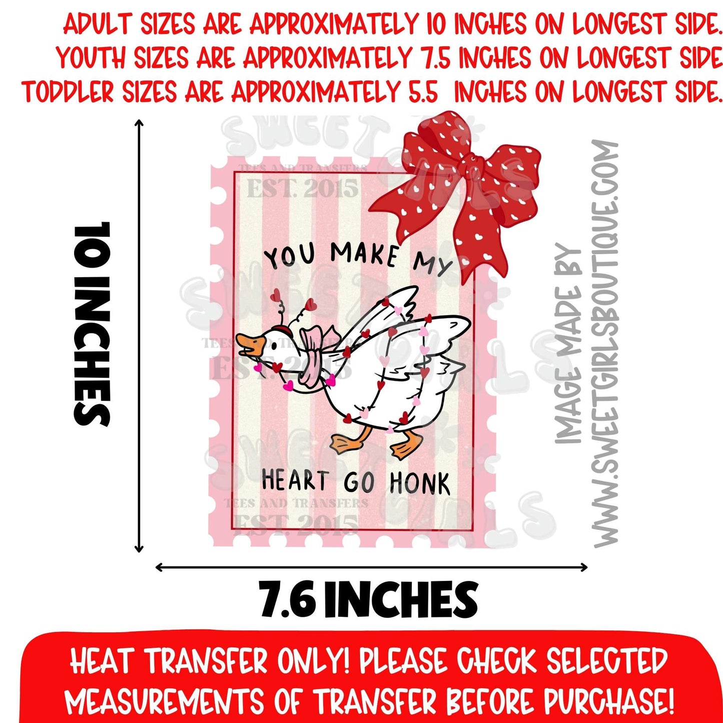 You Make My Heart Go Honk Goose Valentine Heat Transfer – Cute Bow Goose DTF Print (Not a Shirt)