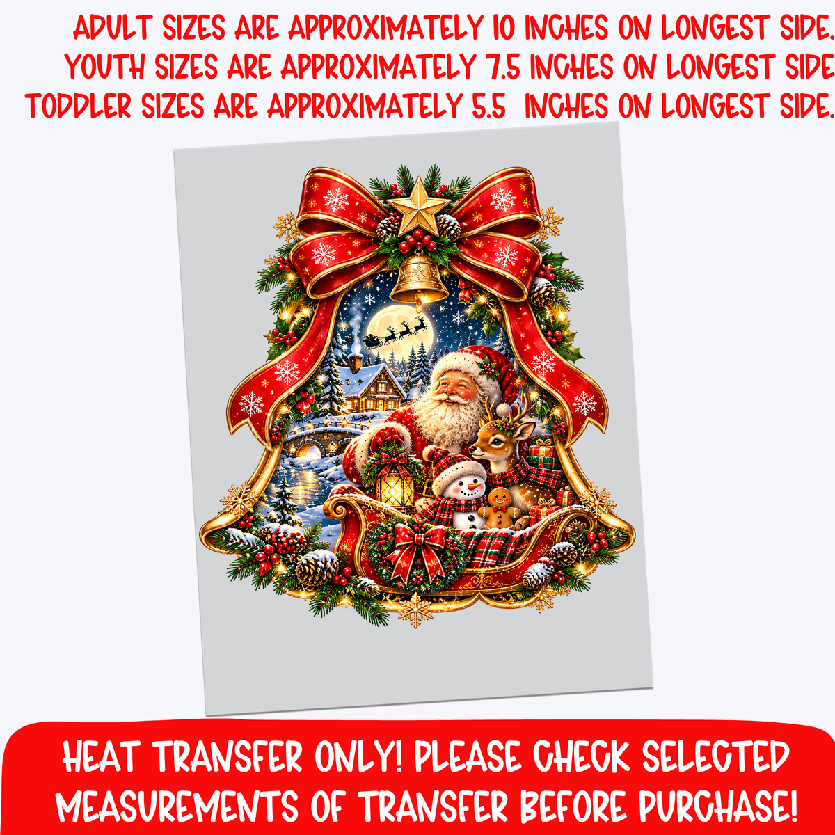 Christmas Santa Sleigh Bow DTF Transfer, Vintage Santa Reindeer Snowman Winter Scene Iron On Heat Transfer for Holiday Shirts, Christmas Pajamas, Boutique Sweatshirts, Teacher Gifts, Family Matching Outfits, Adult and Youth Sizes, Heat Transfer Only