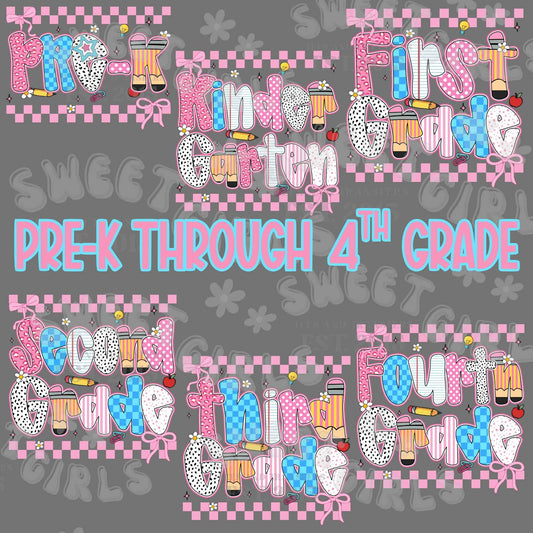 Whimsical Grade Level DTF Transfers – PreK to 4th Back to School Iron-On Designs for Kids & Adults – Ready to Press Shirt & Tote Heat Decals