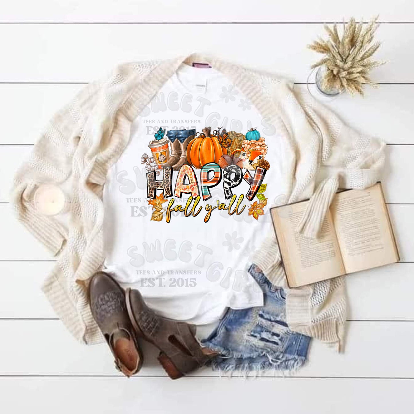 Happy Fall Y’all HEAT TRANSFER – Ready to Press Autumn Pumpkin Boots Coffee Cowboy Western Iron-On – Colorful Fall Season Transfer for DIY Shirts, Totes & Sweatshirts – Rustic Country Theme Washable Durable Print