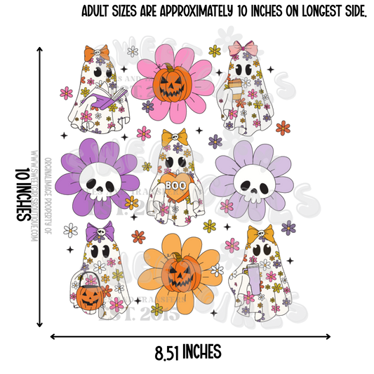 Groovy Floral Ghosts Heat Transfer – Halloween Skull Flowers with Pastel Pumpkins & BOO Candy – Trendy Ready to Press DTF for Shirts, Totes, Fall DIY Gifts