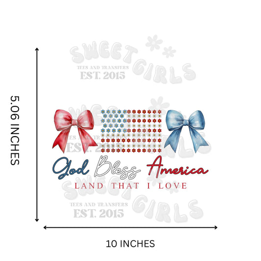 God Bless America Bows and Stars DTF Transfer – Patriotic Iron-On for July 4th Shirts – Red White Blue Heat Transfer DIY Decor
