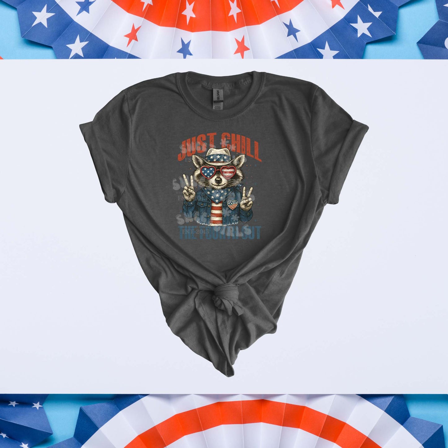 Just Chill The Fourth Out DTF Transfer – Patriotic Raccoon Heat Transfer Iron-On for July 4th Shirts & Sweatshirts | USA Flag Shades