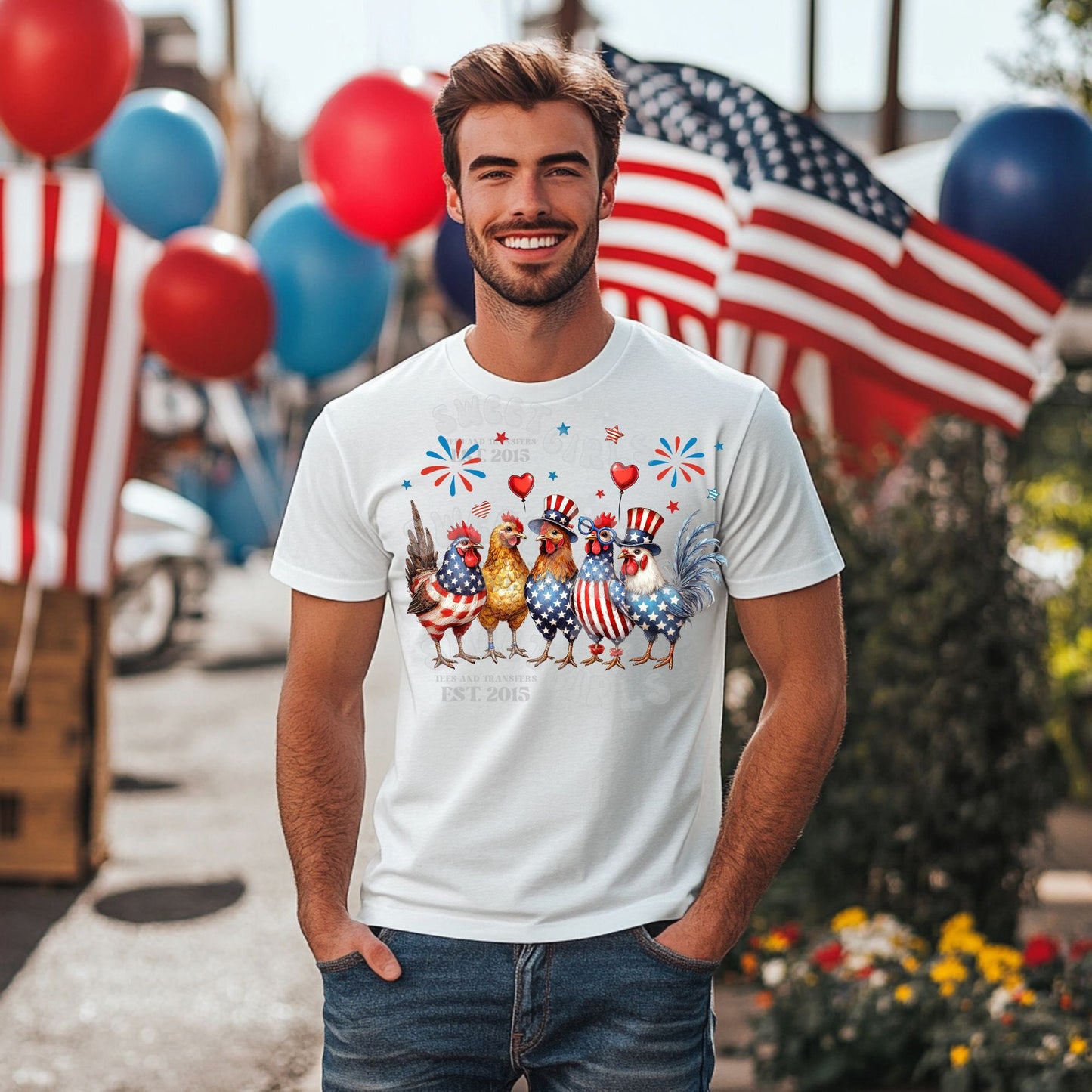 Patriotic Chickens DTF Transfer – 4th of July Farm Animal Heat Transfer – Ready to Press Iron-On for T-Shirts, Sweatshirts, Bags – Red White Blue Country Style