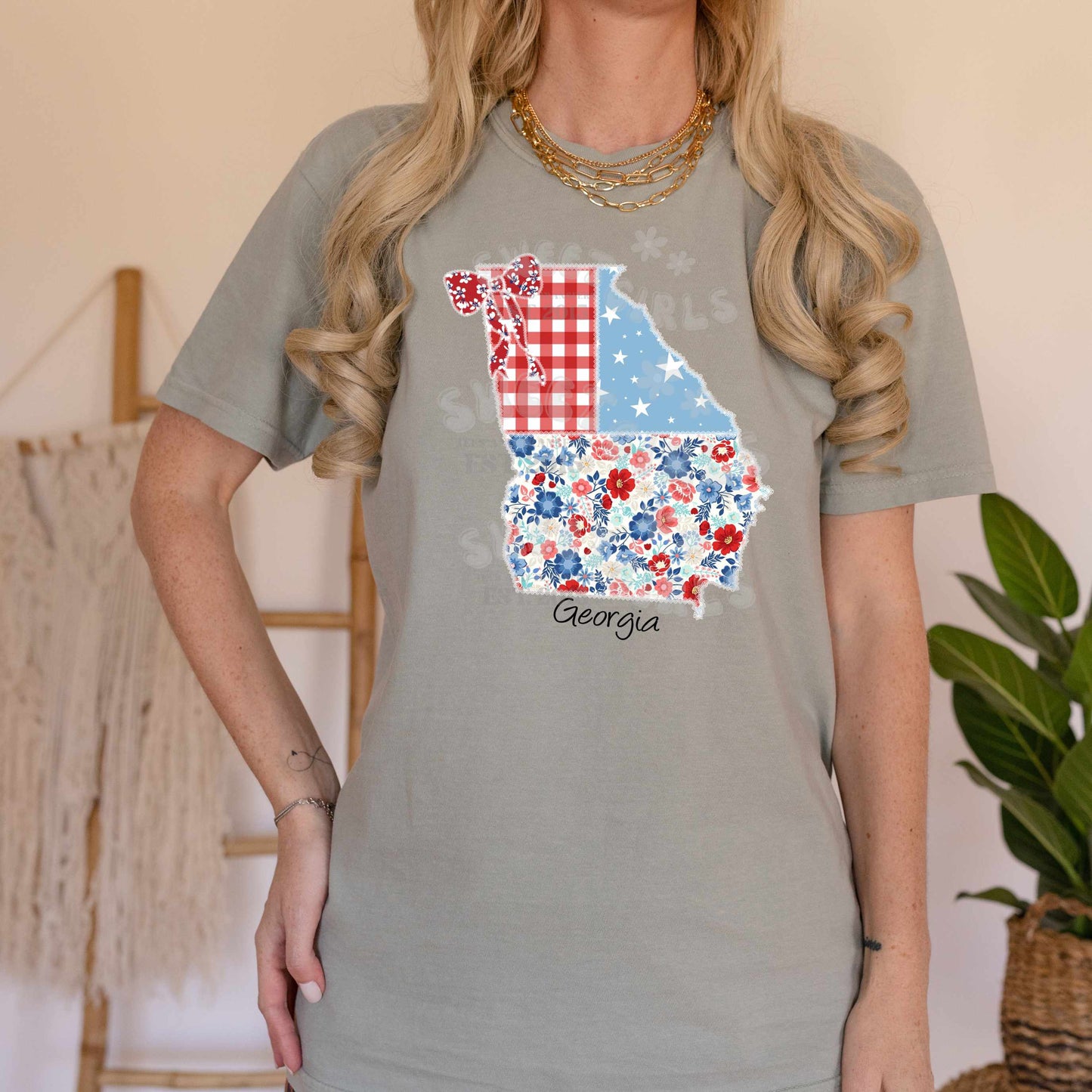 Georgia State Floral Patchwork Heat Transfer – Ready to Press Patriotic Bow Design – USA Floral Gingham & Stars Iron-On Transfer for Shirts, Bags, and More – Trendy Heat Transfer