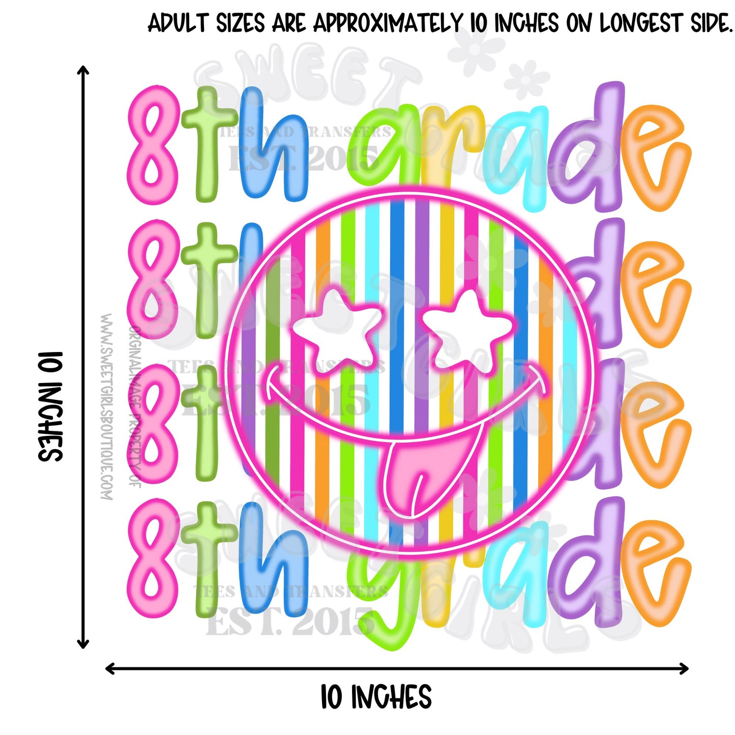 Neon Rainbow Smiley Face Heat Transfers – Pre-K, Kindergarten, 1st-8th Grade, Freshman, Sophomore Back to School DTF Iron-On for Kids & Teens Shirts