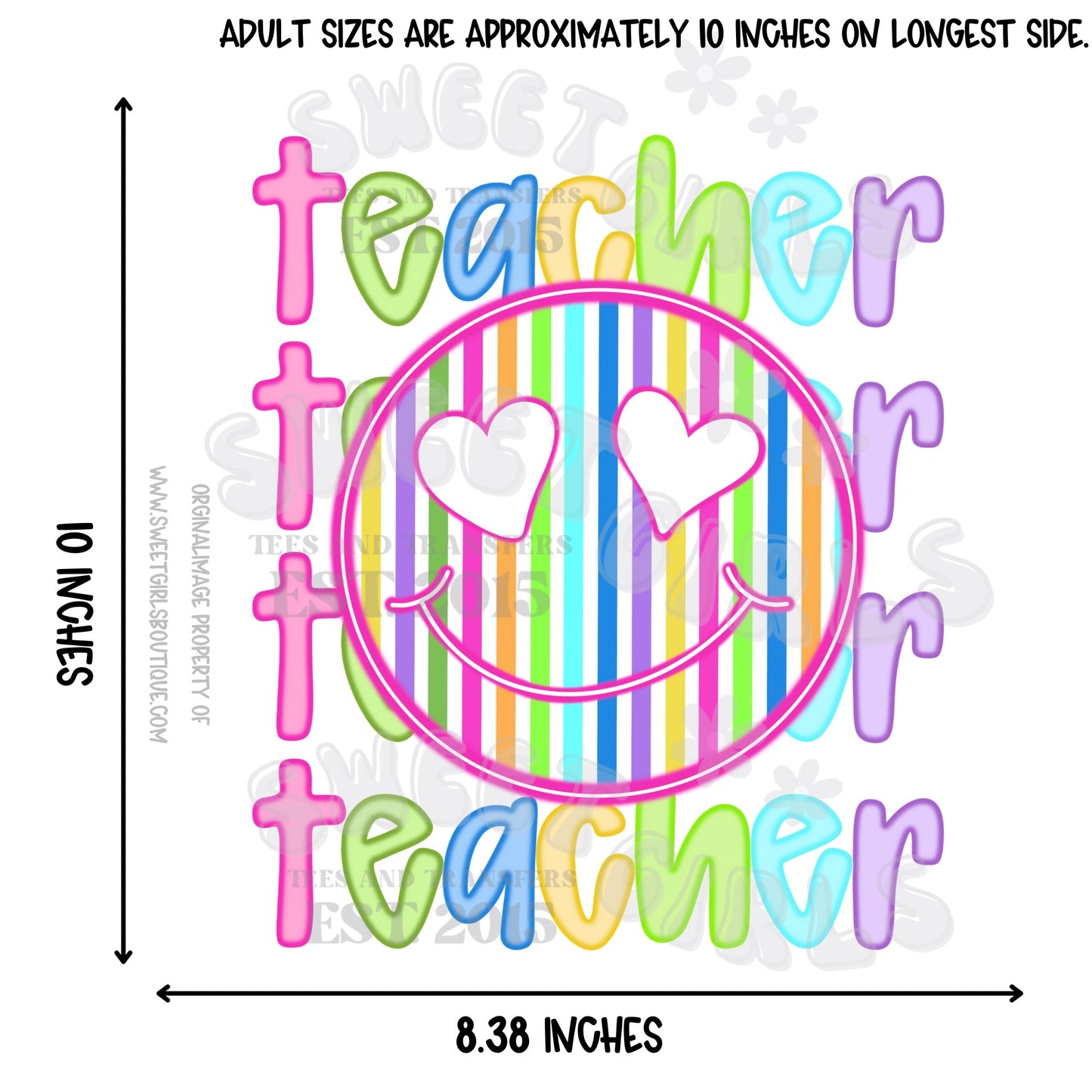 Smiley Face Teacher Staff DTF Heat Transfers – Counselor, Principal, Teacher Back to School Neon Rainbow Iron-On for Custom Shirts
