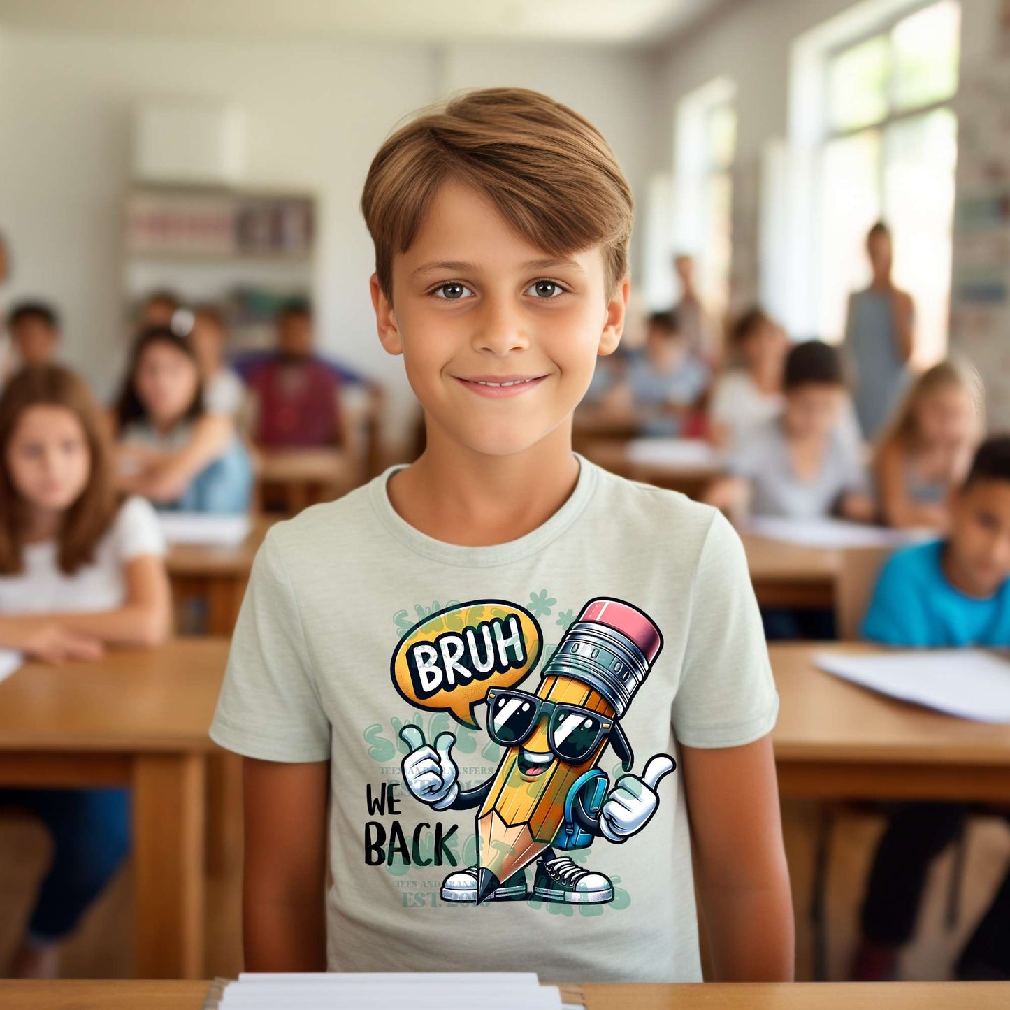 BRUH Back to School Heat Transfer – Funny Cartoon Pencil DTF Design for Kids Shirts – Cool Grade School Iron-On – First Day Outfit Printable – Student Shirt DIY Press – Back to Class SVG Style