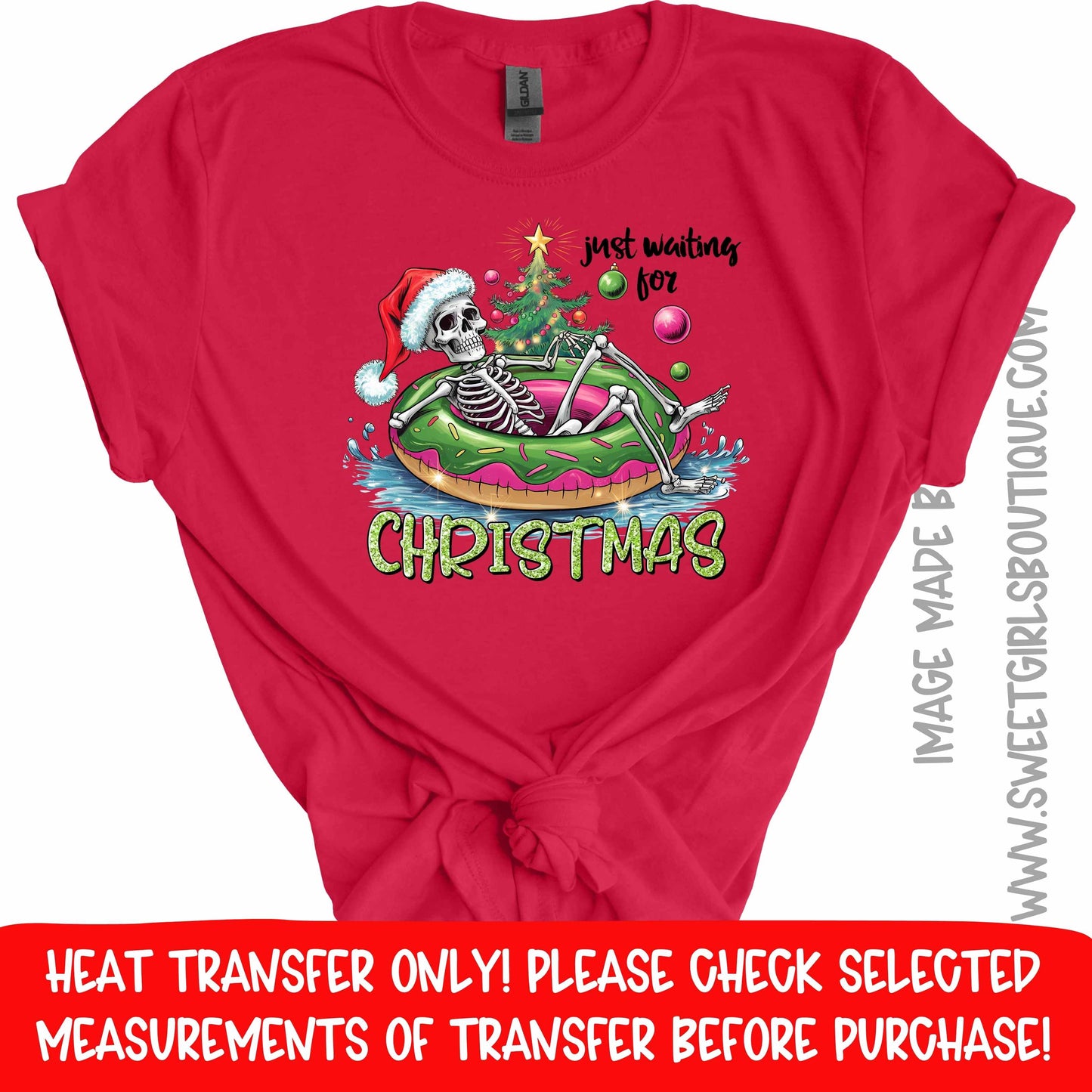 Just Waiting For Christmas DTF Heat Transfer – Funny Skeleton Santa Float – Holiday Humor Iron-On – NOT A SHIRT – Ready To Press Christmas Transfer