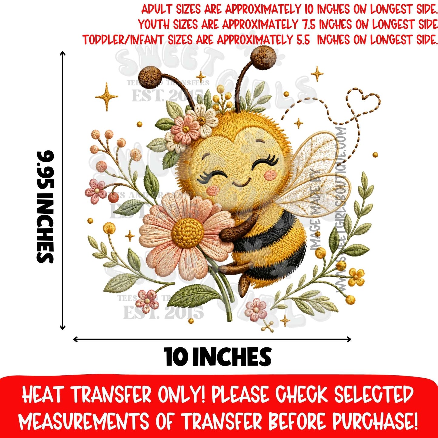 Cute Bumble Bee Floral Spring Garden DTF Heat Transfer, Ready To Press, NOT A SHIRT