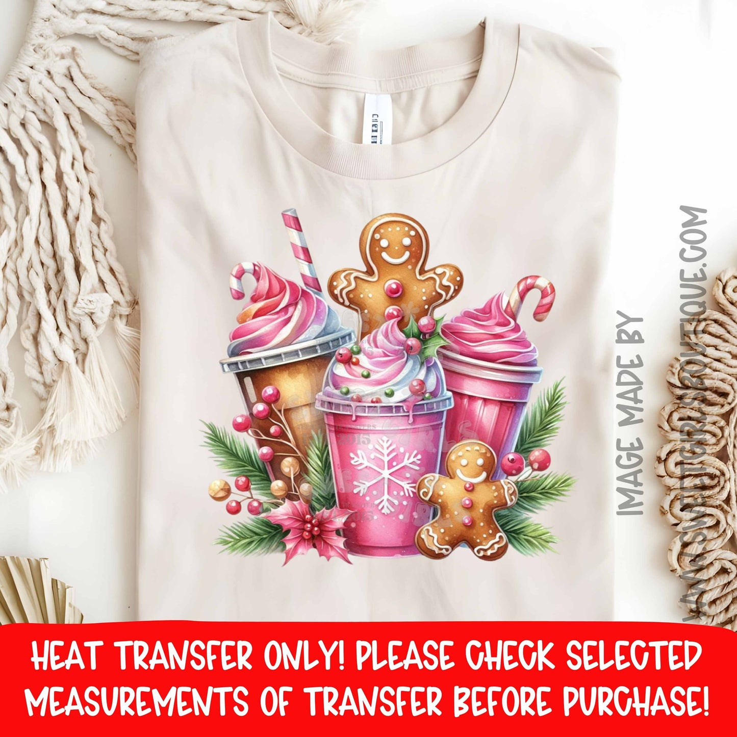 Gingerbread Holiday Drinks DTF Heat Transfer – Hot Cocoa & Coffee Cups – Cute Christmas Bakery Iron-On – NOT A SHIRT – Ready To Press Transfer