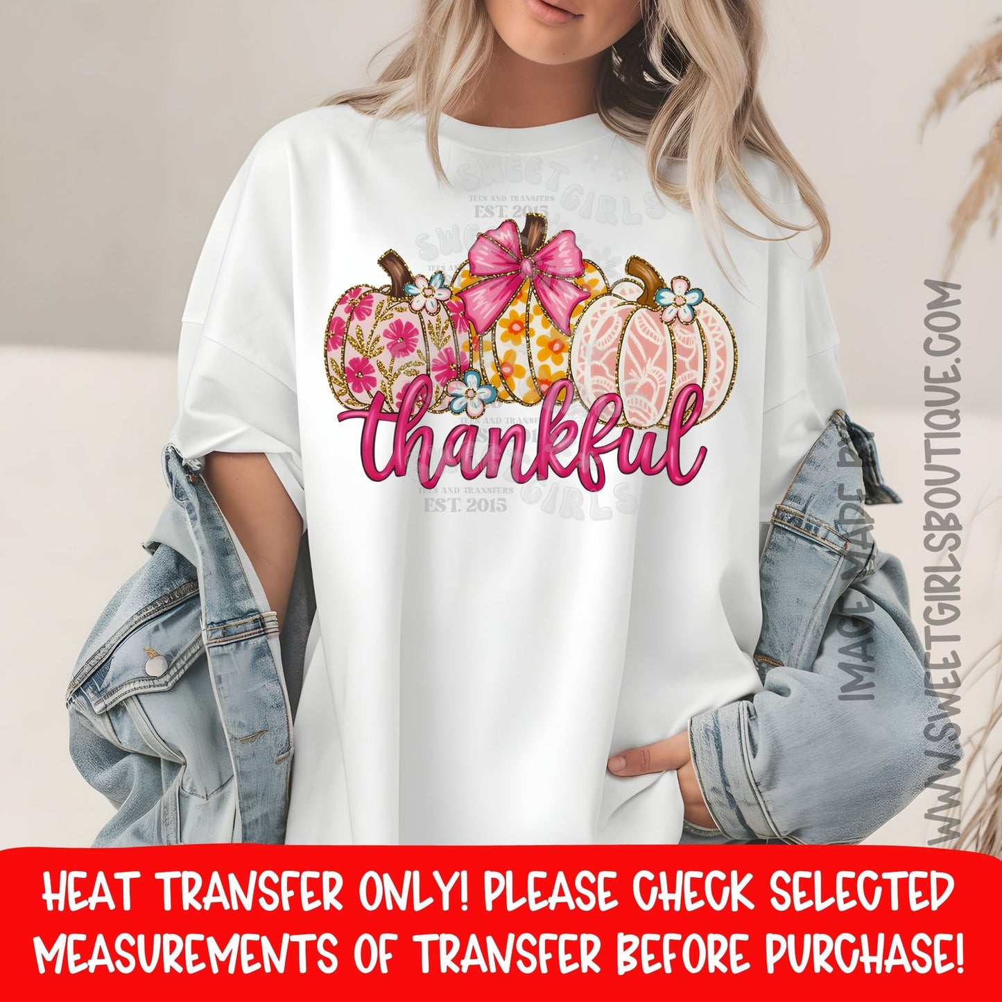 Thankful Pink Pumpkin DTF Heat Transfer – Fall Thanksgiving Bow Pumpkin Design – Ready to Press Cold Peel Iron-On – NOT A SHIRT – Autumn DIY Craft Transfer