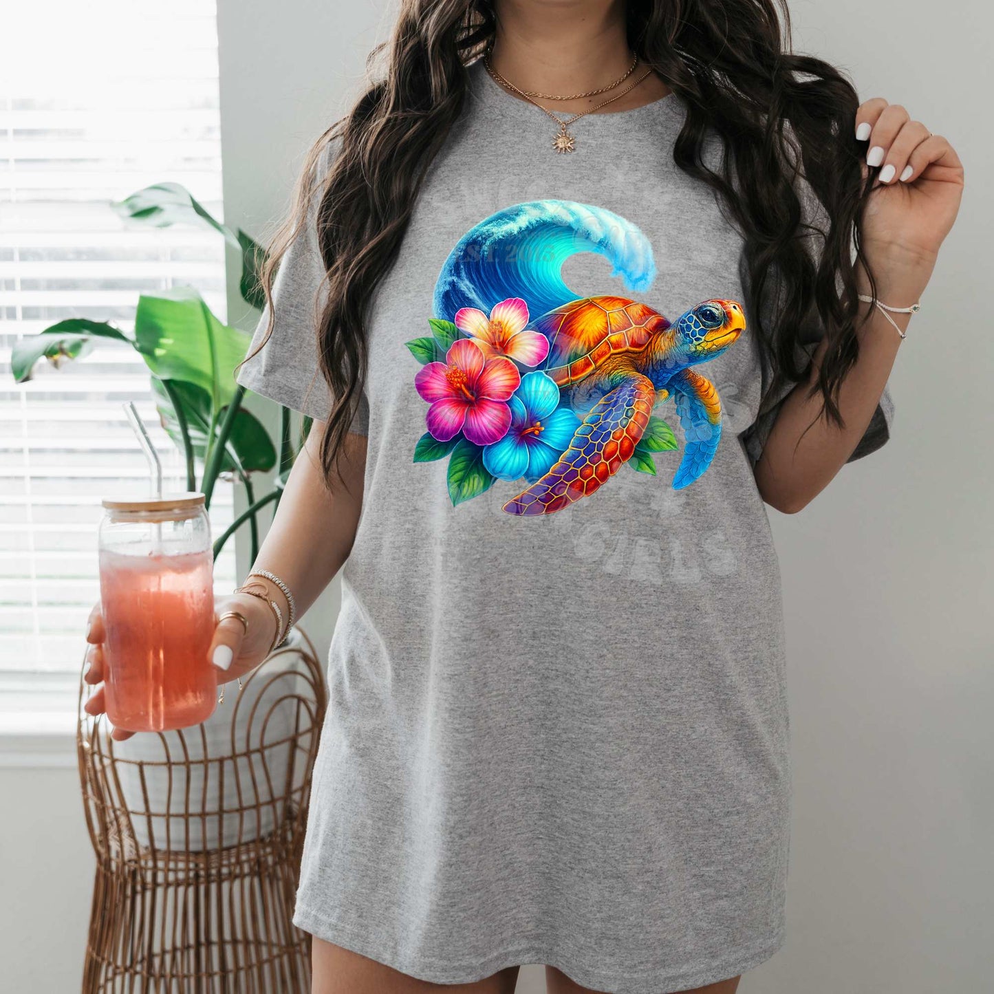 Tropical Sea Turtle with Hibiscus Flowers – Vibrant Beach Heat Transfer – Direct to Film DTF Iron-On Sticker for Summer Shirts, Bags, and Decor