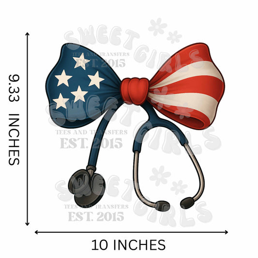 Patriotic Nurse Bow Stethoscope DTF Transfer – Red White Blue Medical Heat Press Sticker – Ready to Press Iron-On for Scrubs, Bags & Apparel