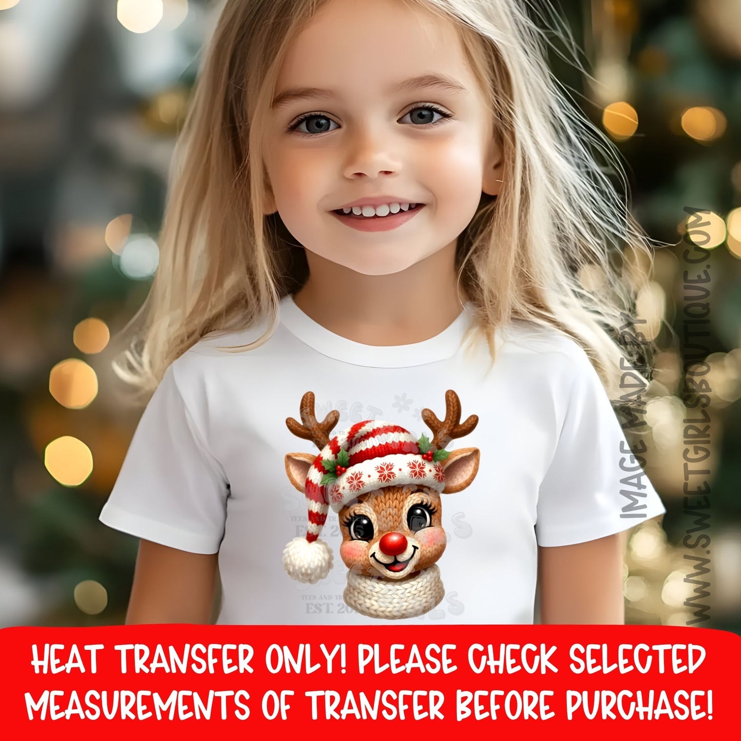 Red Knit Reindeer DTF Heat Transfer – Adorable Christmas Rudolph Sweater Design – NOT A SHIRT – Ready to Press Cold Peel Holiday Iron-On Transfer