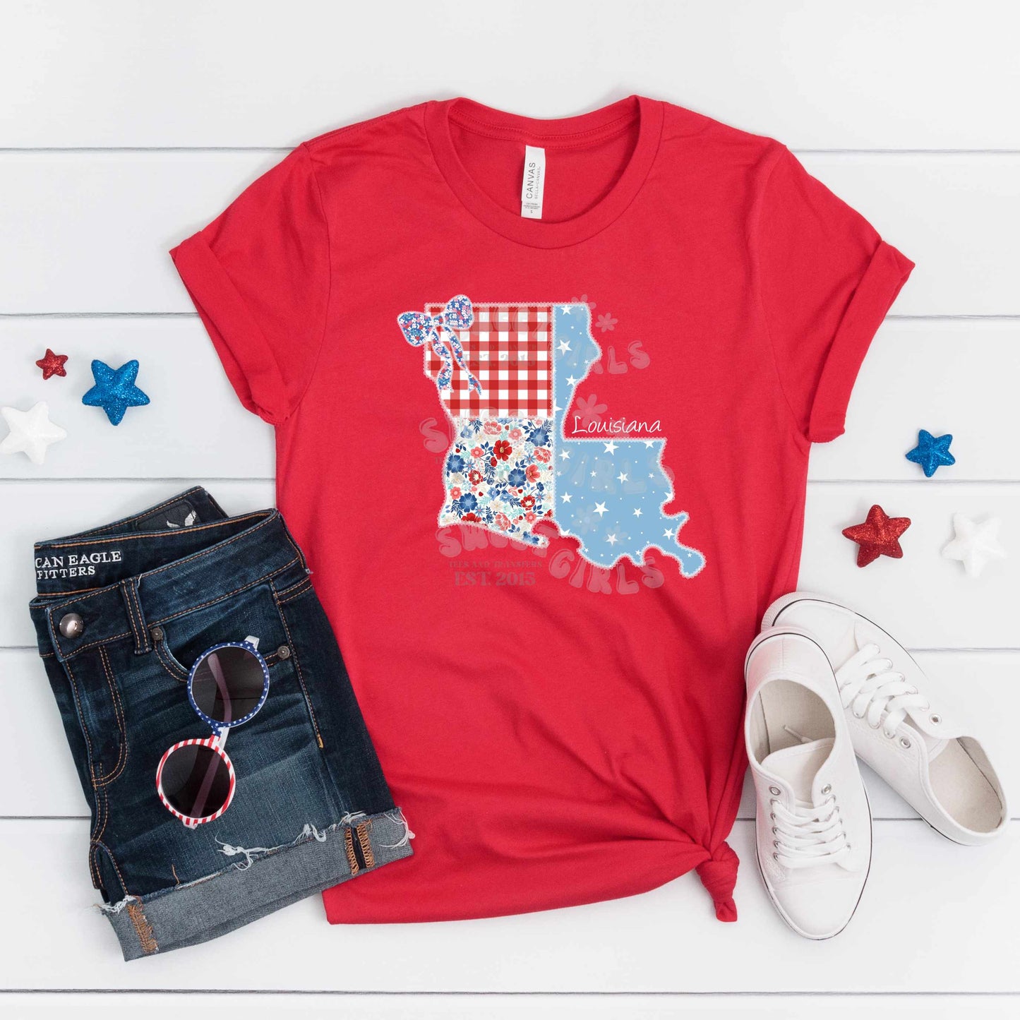 Louisiana State Floral Patchwork Heat Transfer – Ready to Press Patriotic Bow Design – USA Floral Gingham & Stars Iron-On Transfer for Shirts, Bags, and More – Trendy Heat Transfer