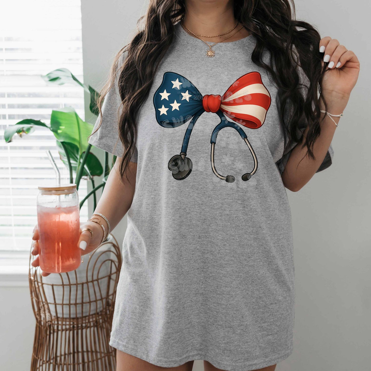 Patriotic Nurse Bow Stethoscope DTF Transfer – Red White Blue Medical Heat Press Sticker – Ready to Press Iron-On for Scrubs, Bags & Apparel