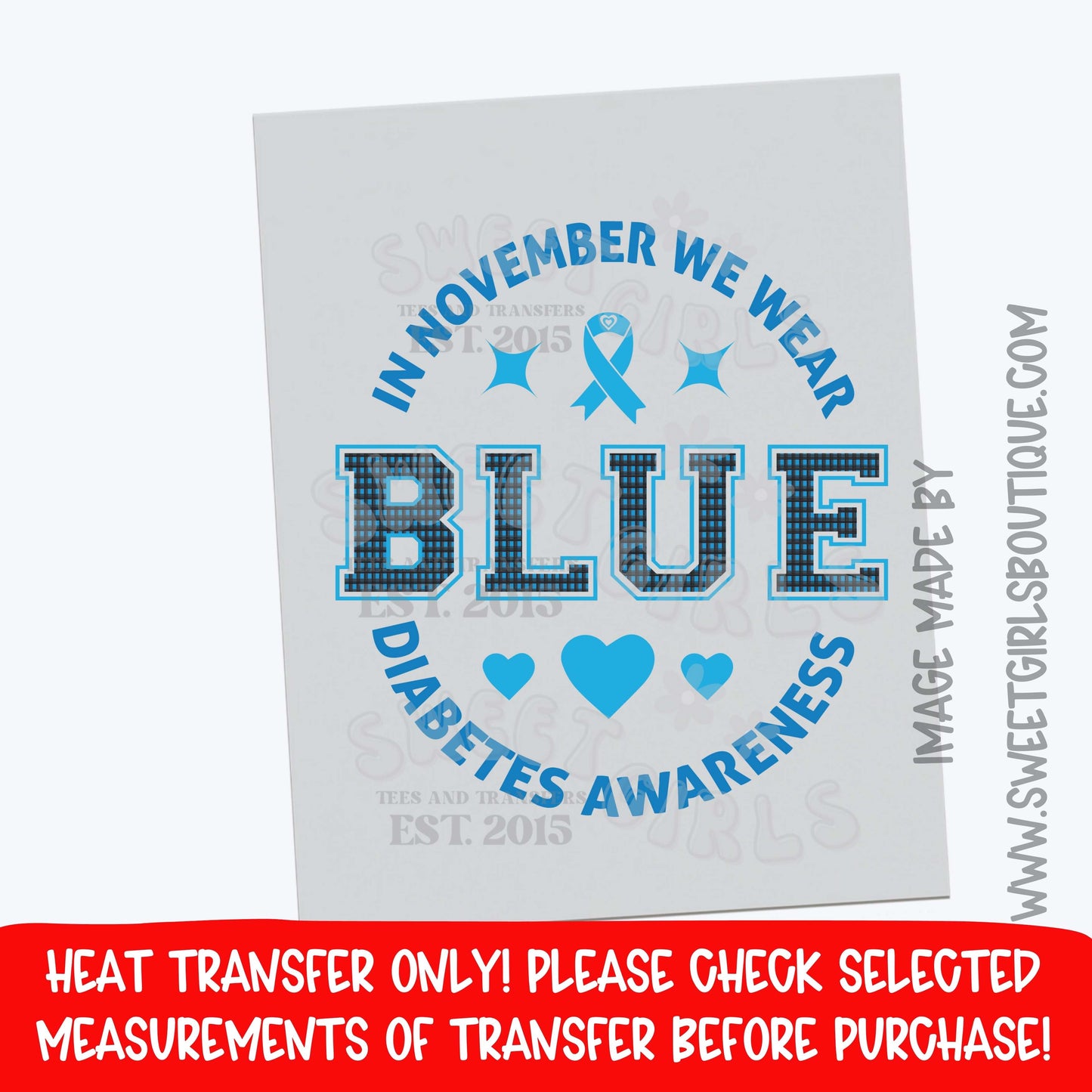 In November We Wear Blue Diabetes Awareness DTF Heat Transfer | Blue Ribbon Iron On