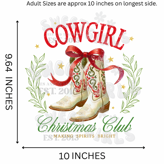 Cowgirl Christmas Club Western Boots Holiday DTF Transfer for Country Girls